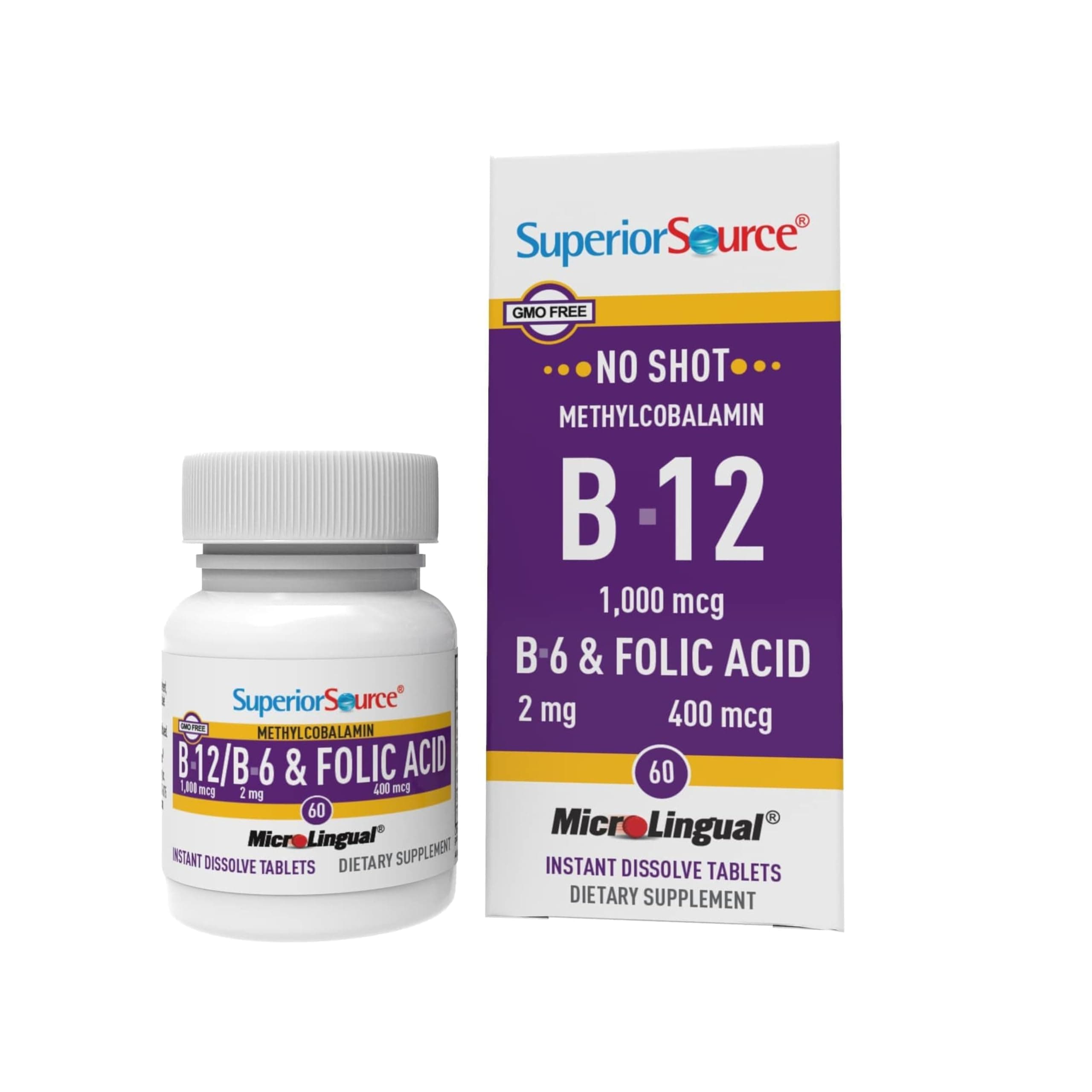No Shot Vitamin B-12 Methylcobalamin 1000 mcg, B-6 & Folic Acid 400 mcg - Supports Brain & Heart Health - Aids Natural Energy Levels - 60 Sublingual Dissolving Tablets