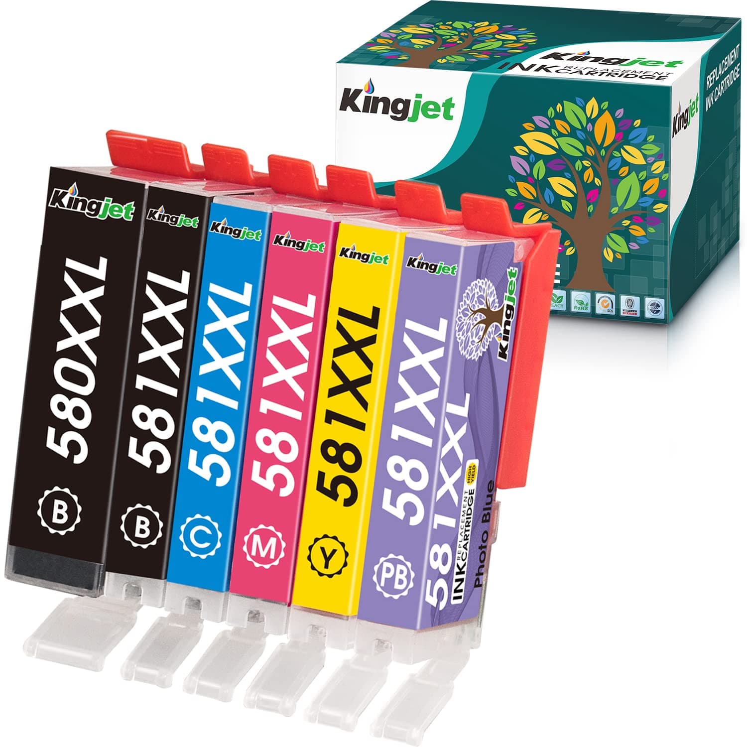 KINGJET PGI-580 CLI-581 PGI-580XXL CLI-581XXL Ink Cartridges (PGBK/BK/Photo Blue/C/M/Y) Compatible Canon 580 581 for Canon Pixma TS8150 TS8151 TS8152 TS9150 TS9155 TS8350 TS8250 TS8251 TS8252,6 Pack