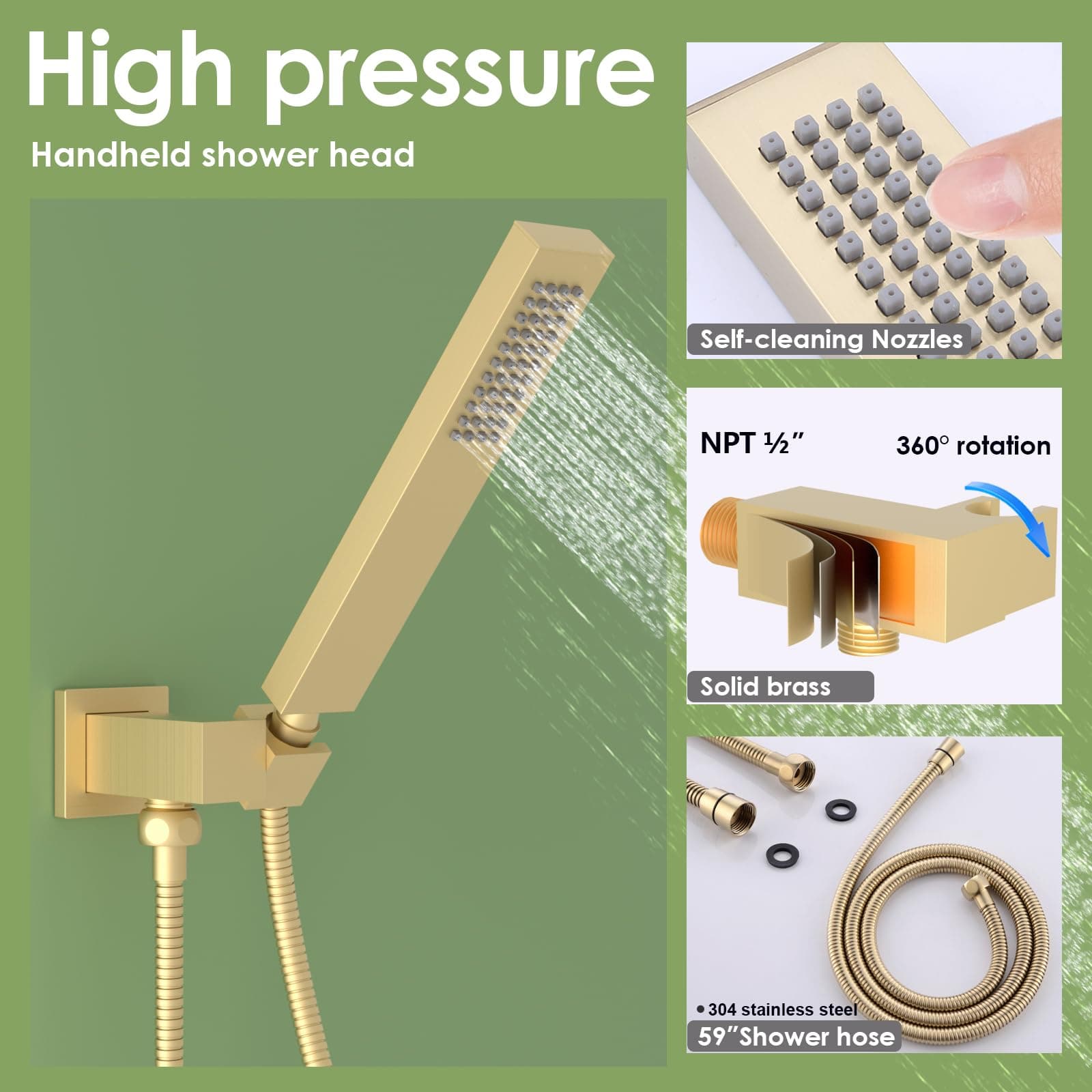 ENGA Bathroom Massage Body Spray Shower System 12-inch Rainfall Showerhead with Handheld Shower, Brushed Gold