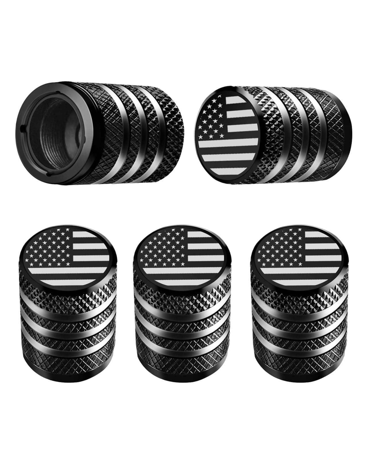 Tire Valve Stem Cap Covers - (5 Pack) Tire Air Caps with Metal, Plastic Liner, Corrosion and Leak Proof, American Flag, Car, Truck, Motorcycle, Motorcycle, Black