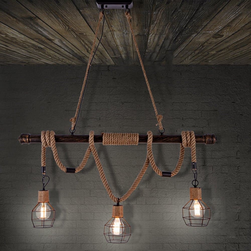 BAYCHEER Rope Pendant Light Industrial Ceiling Light 3 Lights in Dark Bronze with Cage Guard
