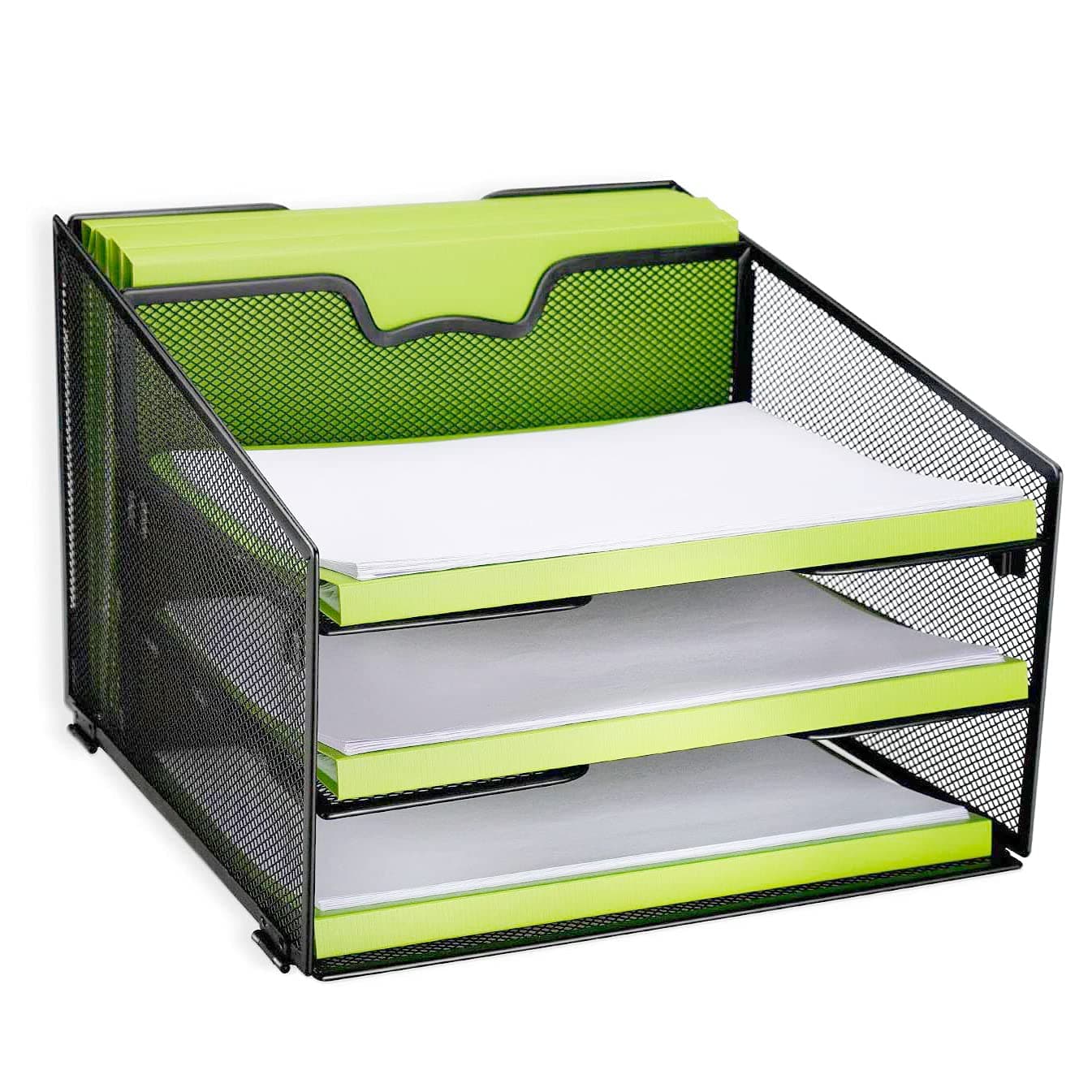 Reliatronic Mesh Desktop File Organizer with 3 Letter Trays and 1 Vertical Sections, A4 Size Letter Tray Organizer, Black