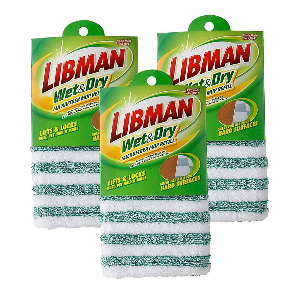Libman Wet & Dry Microfiber Mop Refills | Dust Mop for Hardwood Floors | Wall Mop | Mops for Floor Cleaning | 3 Total Microfiber Mop Pads Included
