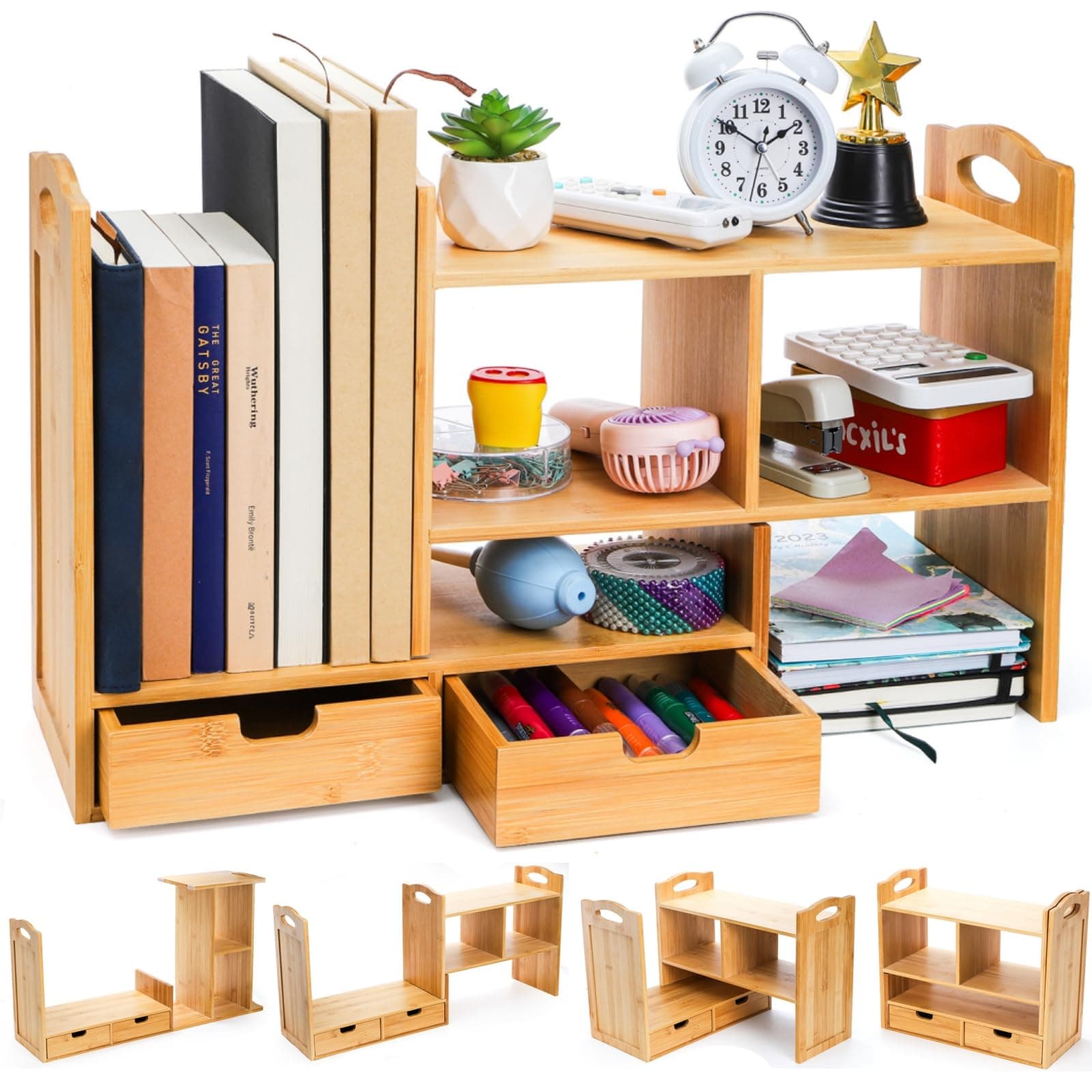 Bamboo Desktop Bookshelf, Expandable Counter Bookcase, Storage Shelves Rack Organizer with Anti-Slip Pads, Cute Small Desk Display Cubby Top for Office Supplies, No Assembly Needed