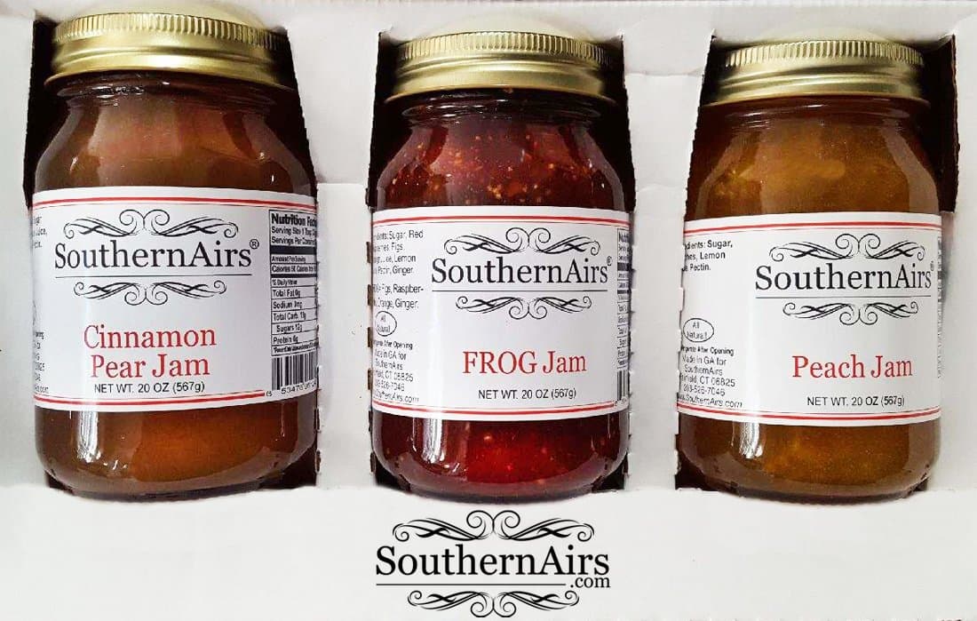 SouthernAirs Old-Fashioned Jam Trio / FROG Jam / Cinnamon Pear Jam / Peach Jam / All-Natural / 3 - Pack