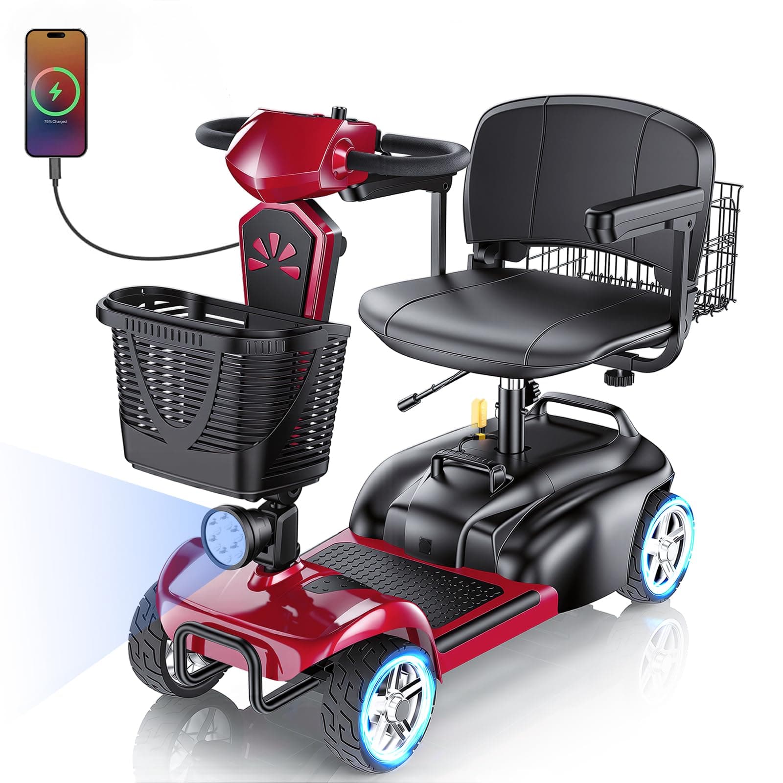 15/25/30/50Miles Eldryvon 4 Wheels Electric Mobility Scooter for Seniors, Dual Basket, 350W Powered Wheelchair with Rotating Seat, Foldable Motorized Scooter for Adults (Red, 15Miles)
