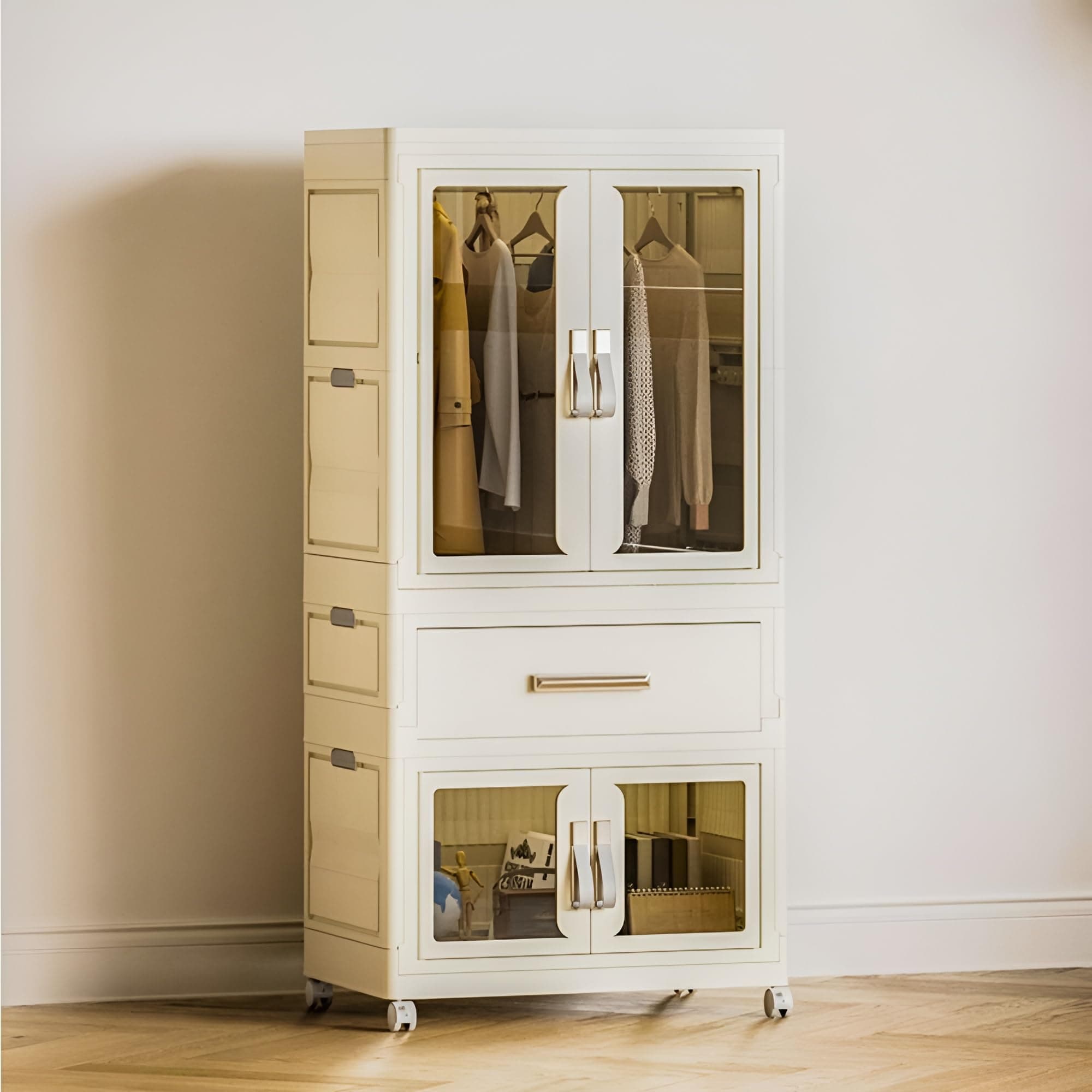 Toshionics Portable Kids Wardrobe Closet Hanging Rod Stackable Plastic Storage Cabinet Transparent Doors Baby Clothes Organizer Boxes Foldable Children’s Safe Design for Bedrooms Playrooms (Style 1)