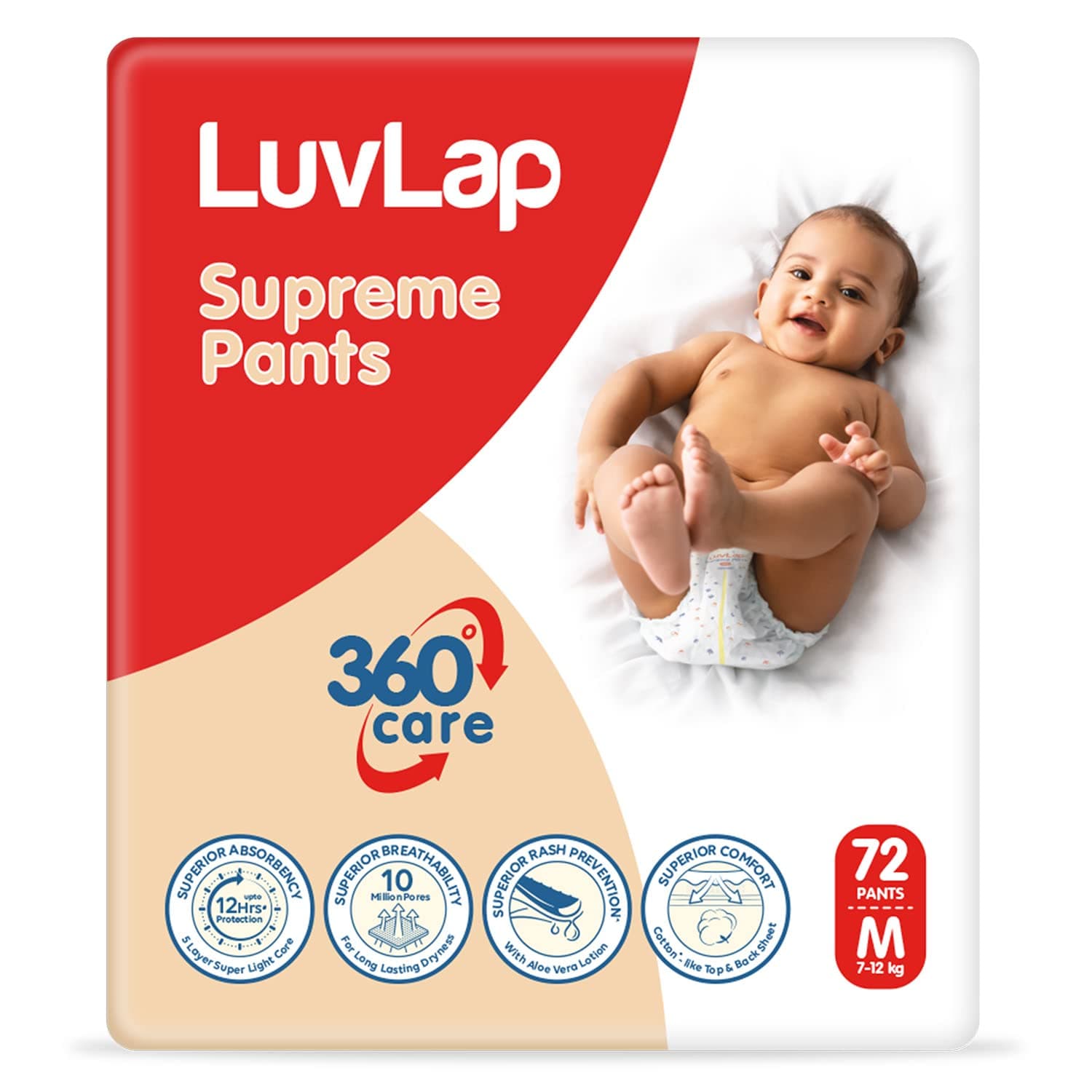 Luv Lap Supreme Diaper Pants Medium (MD) 7 to 12Kg, 72 Pcs, 360° skin care with 10 million breathable pores, Aloe Vera for superior Rash prevention, upto 12hr protection, 5 layer super light core