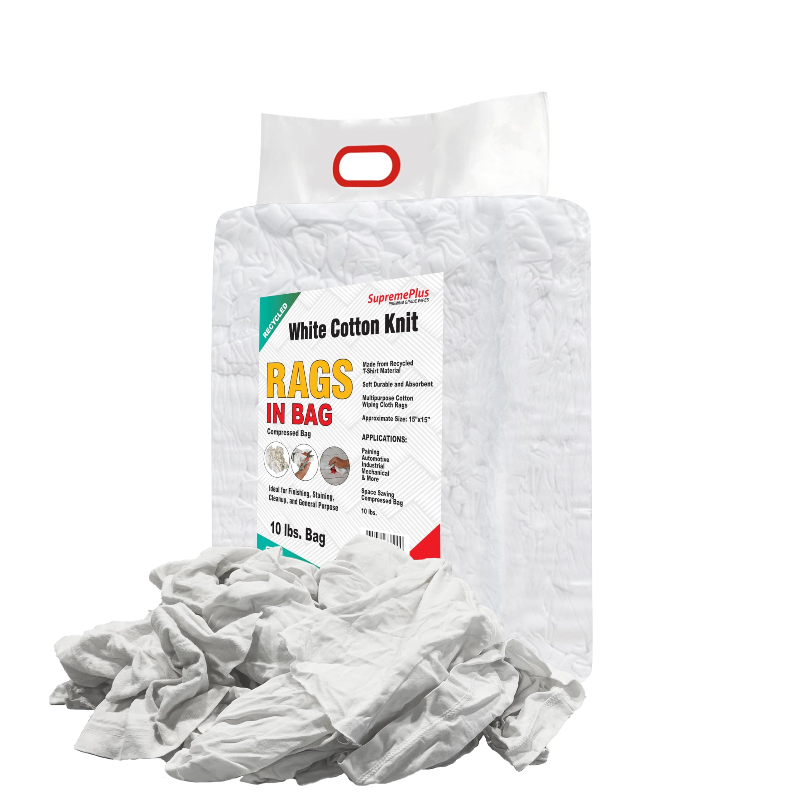 Recycled White T-Shirt Cleaning Rags (10 lbs. Bag) – Shop Rags Bulk for Oil, Stain, Grease, Paint, and Auto Cleaning, Multipurpose