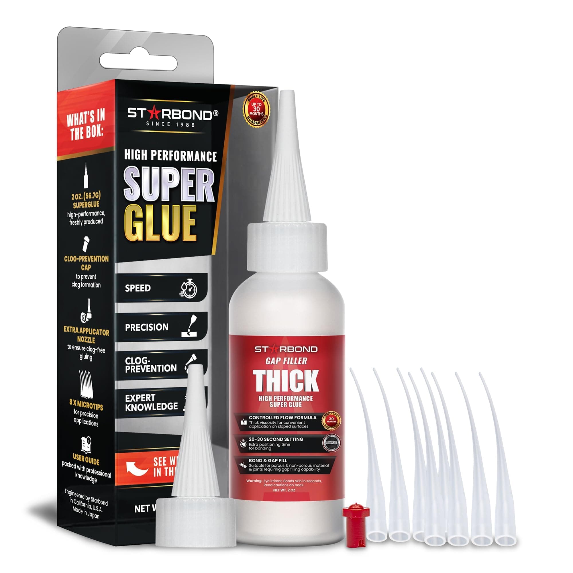 Starbond Thick Super Glue Pro Kit (2 oz) – Gap-Filling CA Glue (Cyanoacrylate Adhesive) – with Clog-Resistant Cap, Microtips & Extra Nozzle for Woodworking, Crafts, Carpentry, Archery Fletching