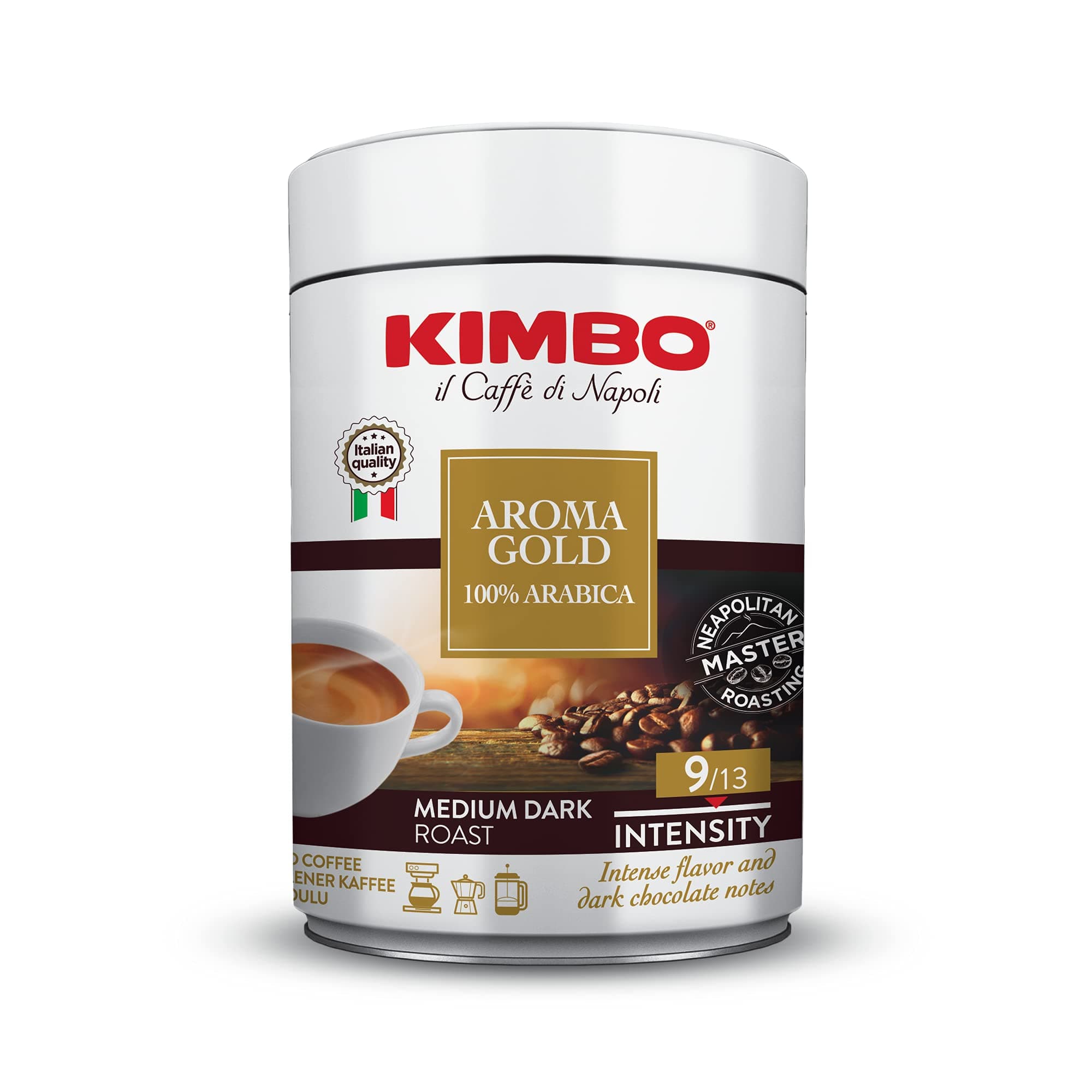 Aroma Gold 100% Arabica | Ground Coffee | Medium Dark Roast | 9/13 Intensity | Intense Flavor and Dark Chocolate Notes | 8.8 oz Can