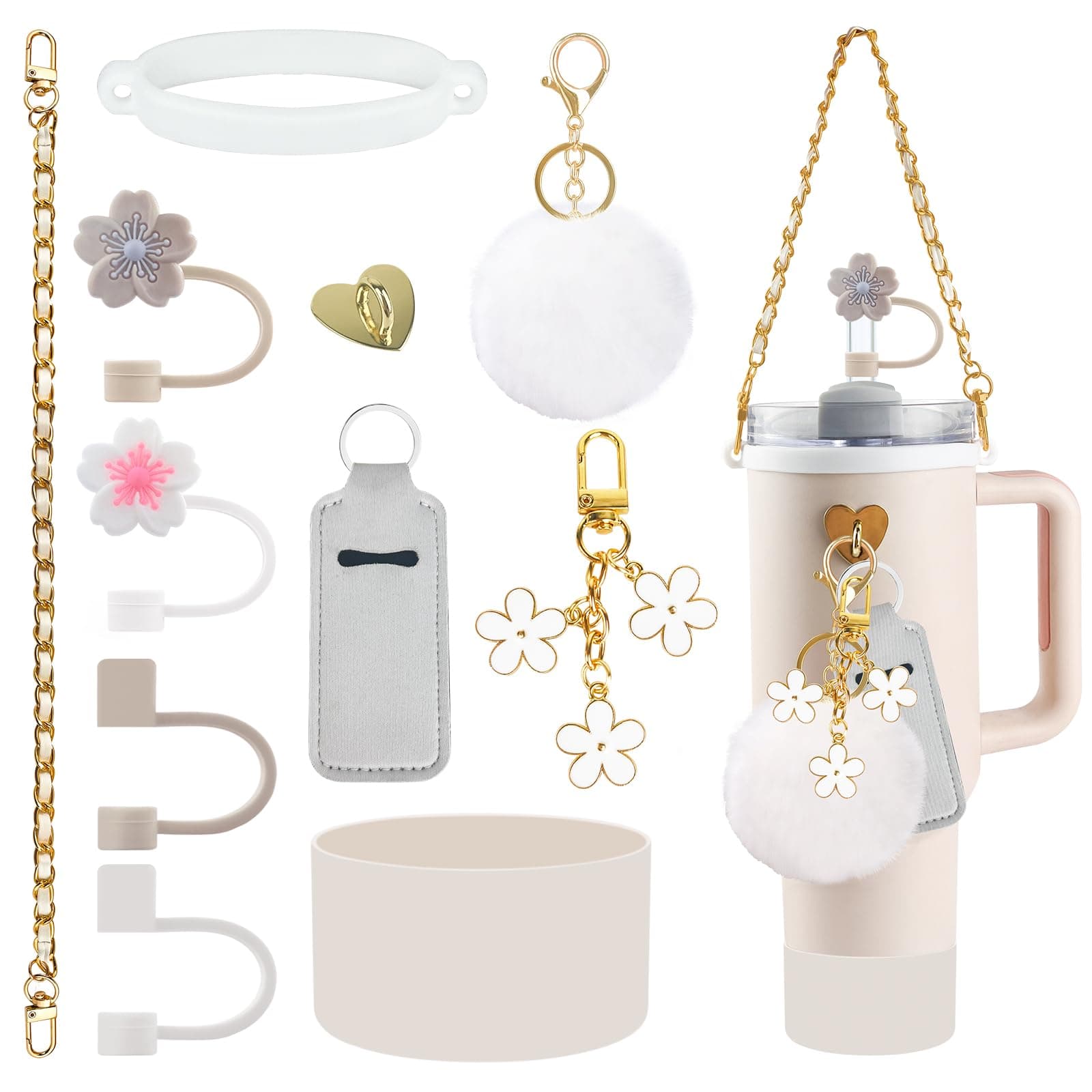 Velaco 11 PCS Accessories for Stanley Cup, Water Bottle Handle Strap for Stanley 30/40 oz tumbler with handle, including Straw Toppers, Silicone Cup Boot, Keychain Charms - White