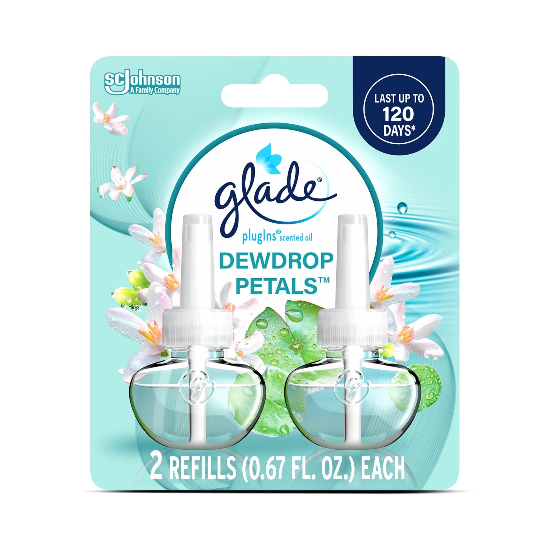 Glade PlugIns Refills Air Freshener, Dewdrop Petals, Scented and Essential Oils for Home and Bathroom, 0.67 Fl Oz, 2 Count