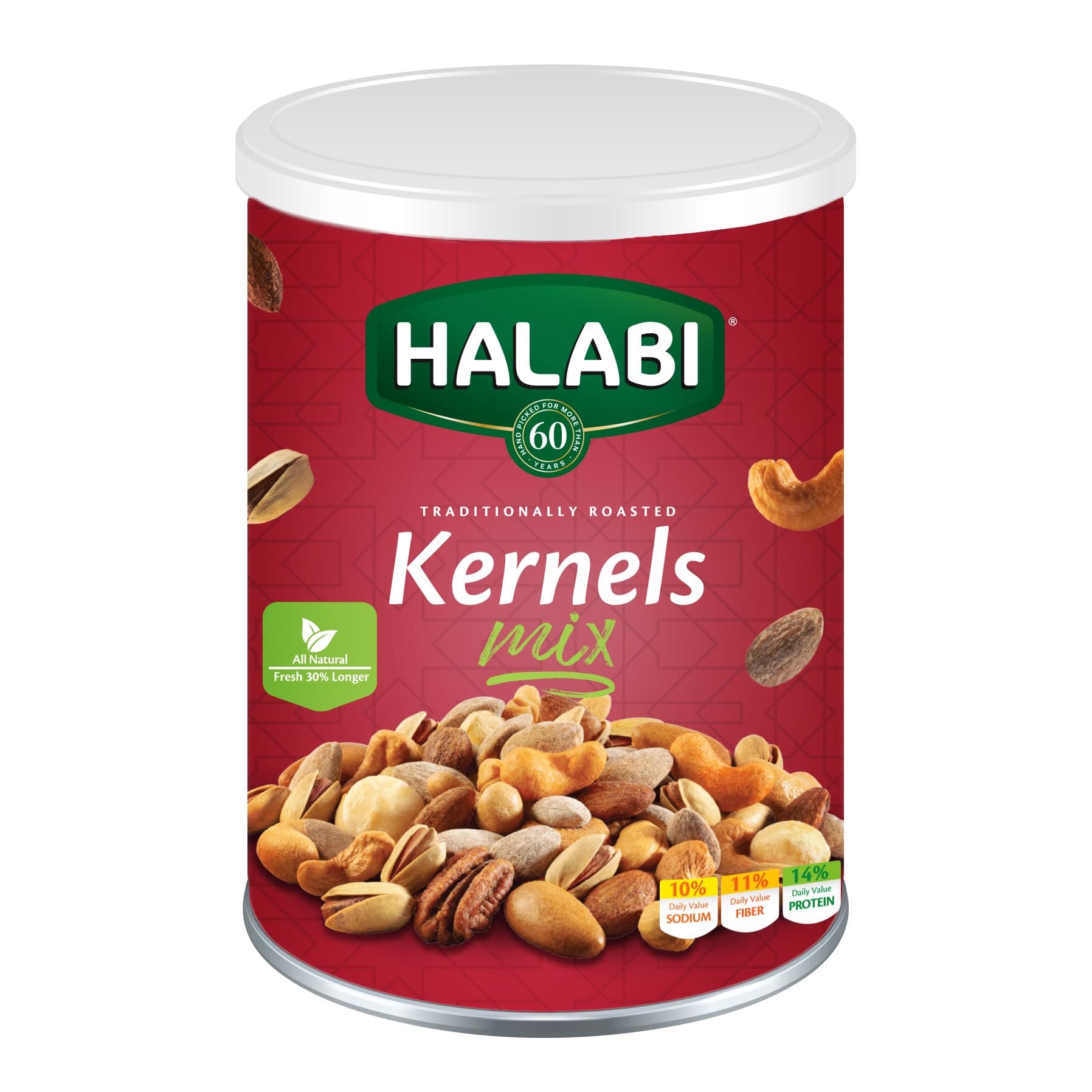 – Halabi - Mix Kernels - Mixed Nuts , Cashews, Almonds, Pistachios, Macadamia, Pecans, Hazelnuts - Healthy Baked Snacks - can 400g