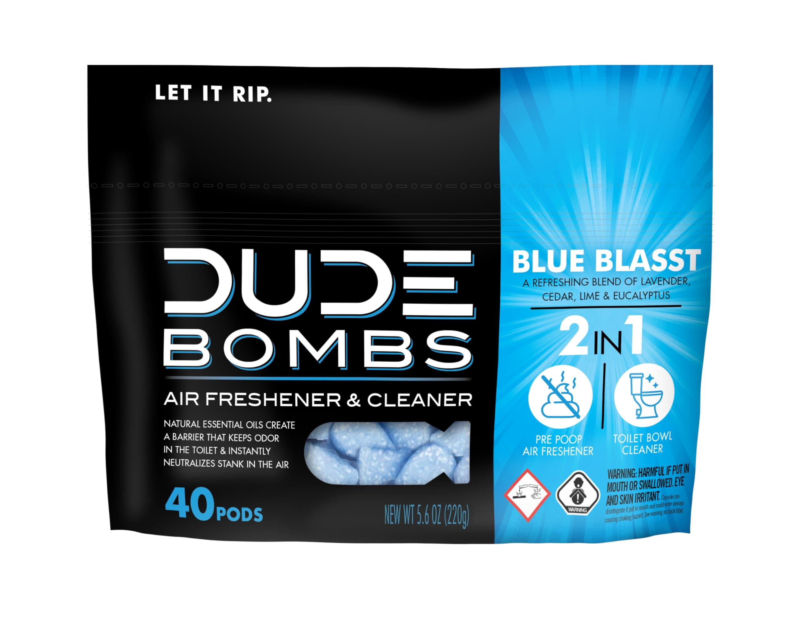 DUDE Wipes DUDE Bombs Toilet Stank Eliminator - 2-in-1 Air Freshener and Toilet Bowl Cleaner - 1 Pack (40 Pods) - Deodorizing Blend of Lavender, Cedar, Lime, and Eucalyptus