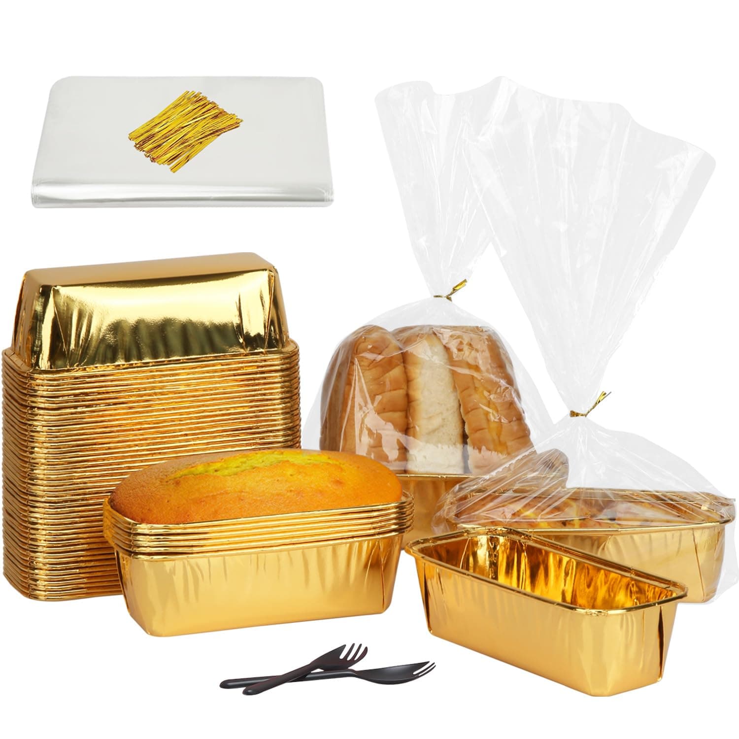 Free-Air 1 LB Disposable Mini Cake Tins 50 Pack, Paper Mini Loaf Pans Small Banana Bread Baking Tins,Baked Goods Containers Loaf Pan Liners With 50 Bags And Spoons For Bake Sale-Gold