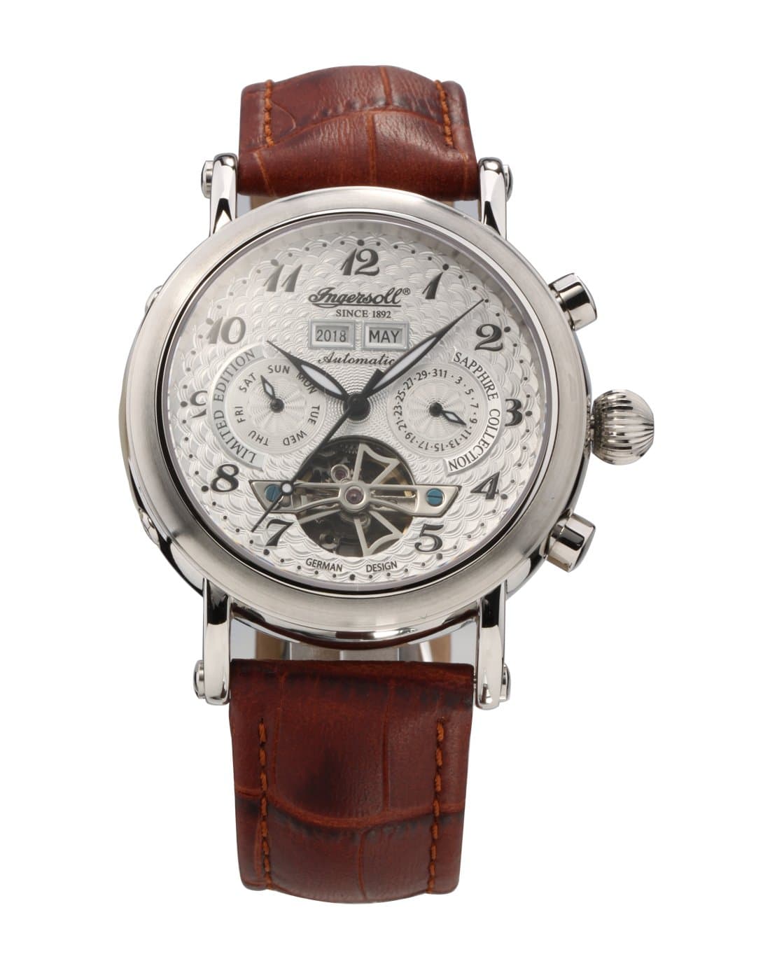 Ingersoll Men's Automatic Watch with Silver Dial Chronograph Display and Brown Leather Strap IN4510WH