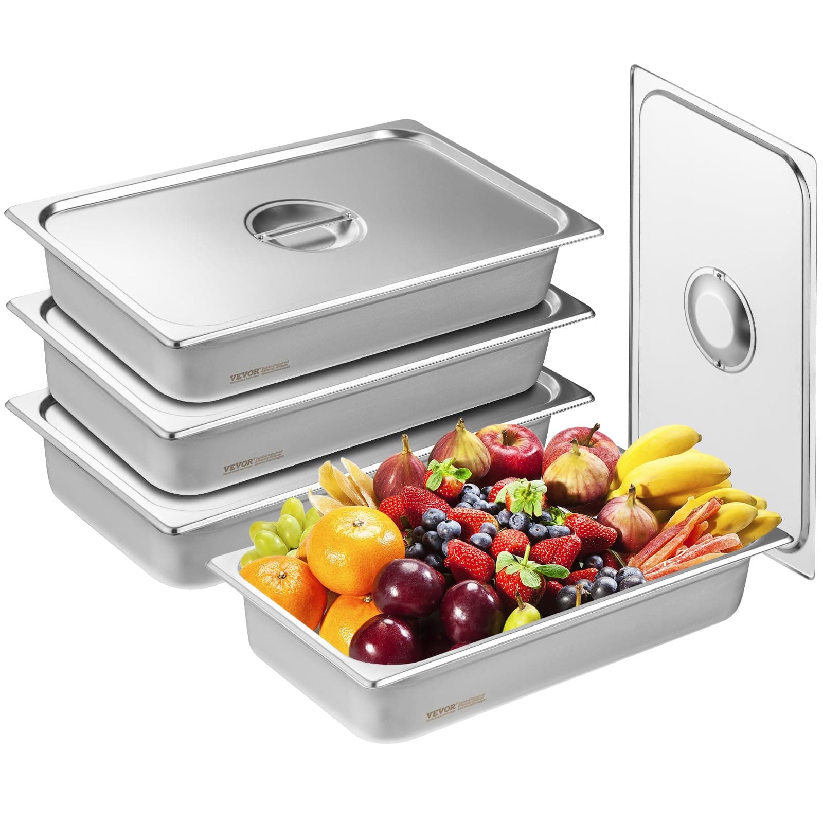 VEVOR 4 Pack Hotel Pans, Full Size Anti-Jam Steam Pan with Lid, 0.8mm Thick Stainless Steel Steam Table Pan, 4-Inch Deep Commercial Table Pan, Catering Storage Food Pan, for Industrial & Scientific