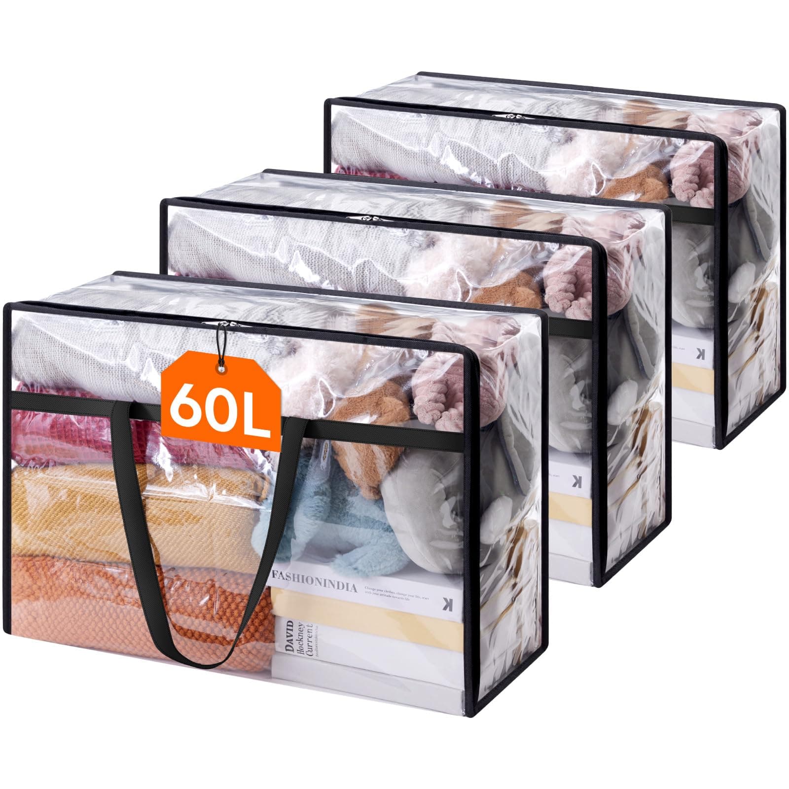 Lifewit 3 Pack Clear Plastic Storage Bags, 60L Foldable Clothes Storage Boxes Wardrobe Storage Organizer Moving Bags with Reinforced Handle for Loft Wardrobe for Bedding Clothes Blanket Duvet