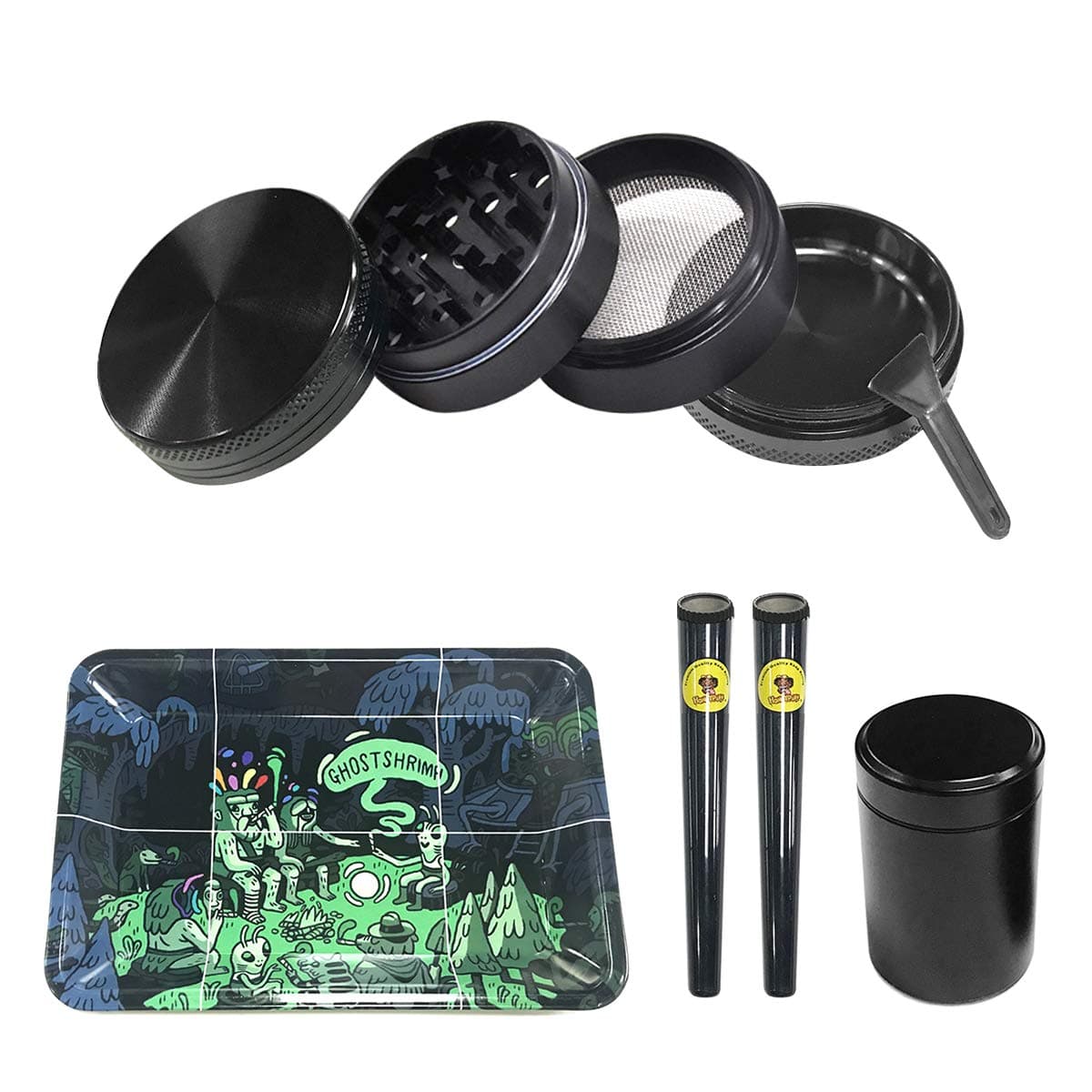 Metal Rolling Square Tray Combo Kit with Aluminum Herb Grinder,Smell Proof Jar Set with The Accessories You Need!