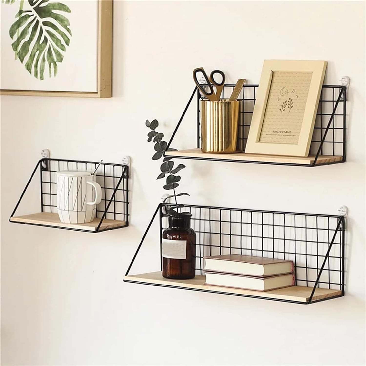 Wall Mounted Floating Shelves, Metal Wire Wall Shelf Wood Storage Rack Display Rack (CT-L)
