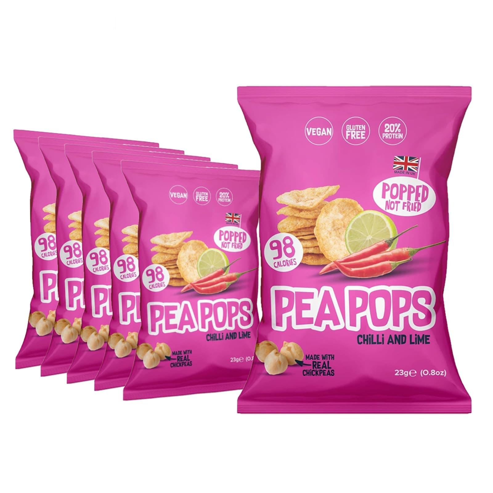 Food FactorPea Pops Healthy Protein Chips - Delicious Chikpea Crisps 20% Protein Less Fat, Low Calorie, Gluten Free, Vegan Protein Snacks, Popped (Not Fried) 23g (Chilli & Lime, Pack of 6)