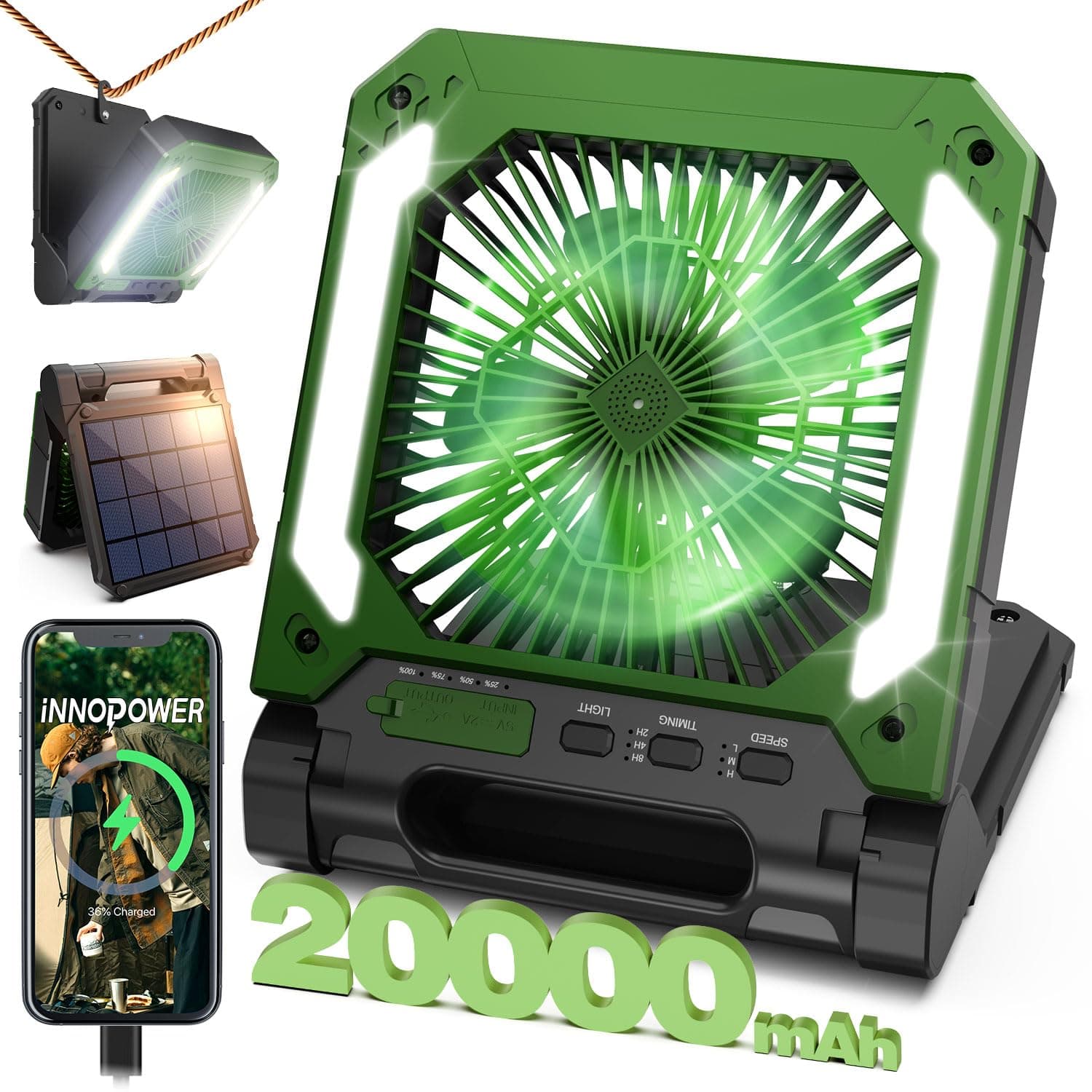 20000mAh Portable Fan Rechargeable with Solar Panel 2-in-1, 3 Speeds Cordless Battery Powered Fan with Led Lantern,Timer, Quiet USB-C Table Fan for Travel Tent Hurricane Office Home Bedroom(Green)