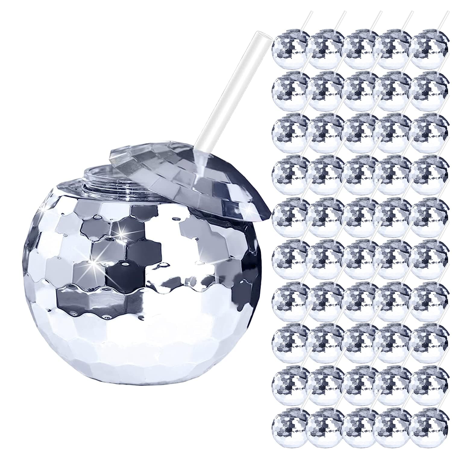 50 PCS Disco Ball Cups, 20Oz Disco Party Cups with Lid and Reusable Straw Flash Ball Cocktail Cup for Party Nightclub Bar Supplies Wine Drinking Syrup Tea Bottle (Sliver 50 Pieces)