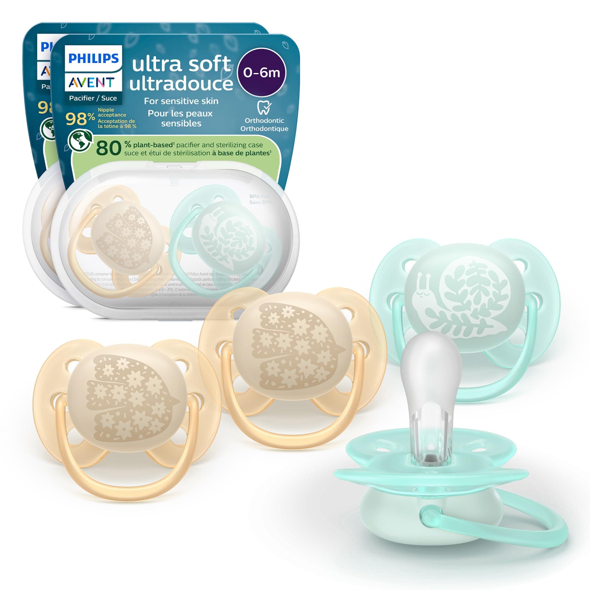 Ultra Soft Pacifiers - Orthodontic Design, for Babies 0-6 Months, Flexible Shield, Silicone Symmetrical Nipple, BPA-Free, 2 Sterilizing Cases, 4 Pack, SCF091/49