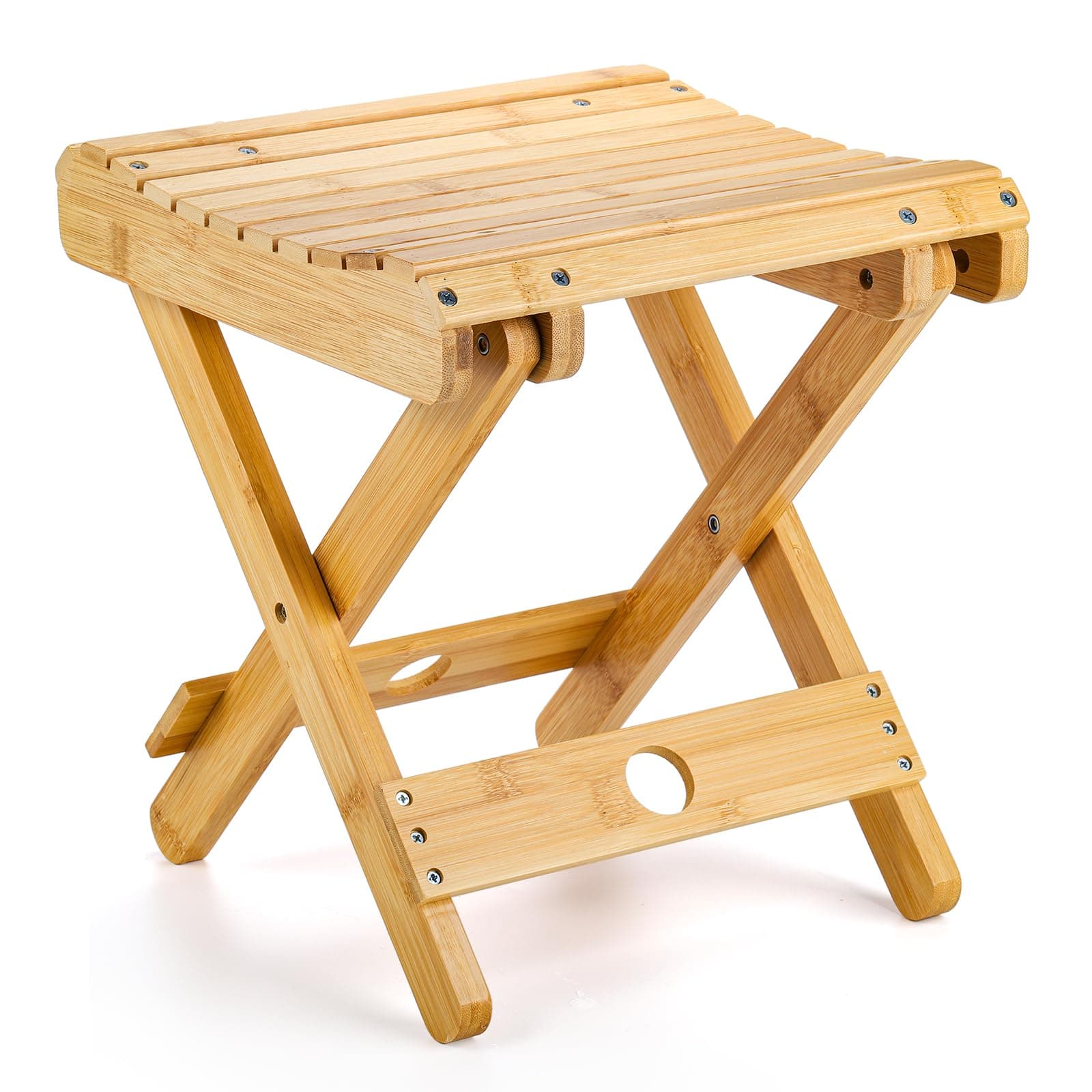 Lawei Bamboo Folding Step Stool - 12 Inch Height Bamboo Shower Bench Stool Spa Bath Seat Chairs for Shower, Leg Shaving and Foot Rest, Portable Small Stool Little Chair