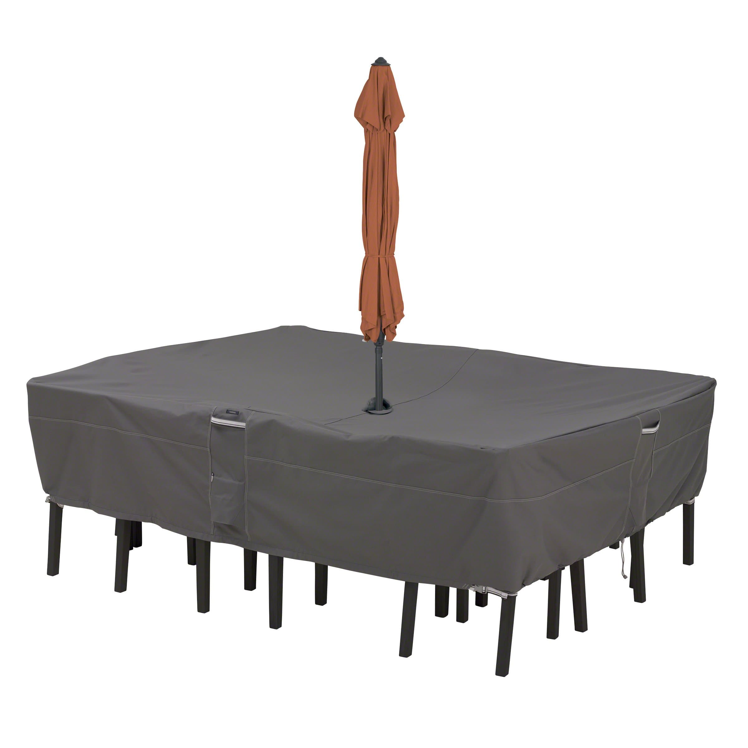 Classic Accessories Ravenna Water-Resistant 108 Inch Rectangular/Oval Patio Table & Chair Set Cover with Umbrella Hole, Outdoor Table Cover, 108"L x 82"W x 23"H, Dark Taupe