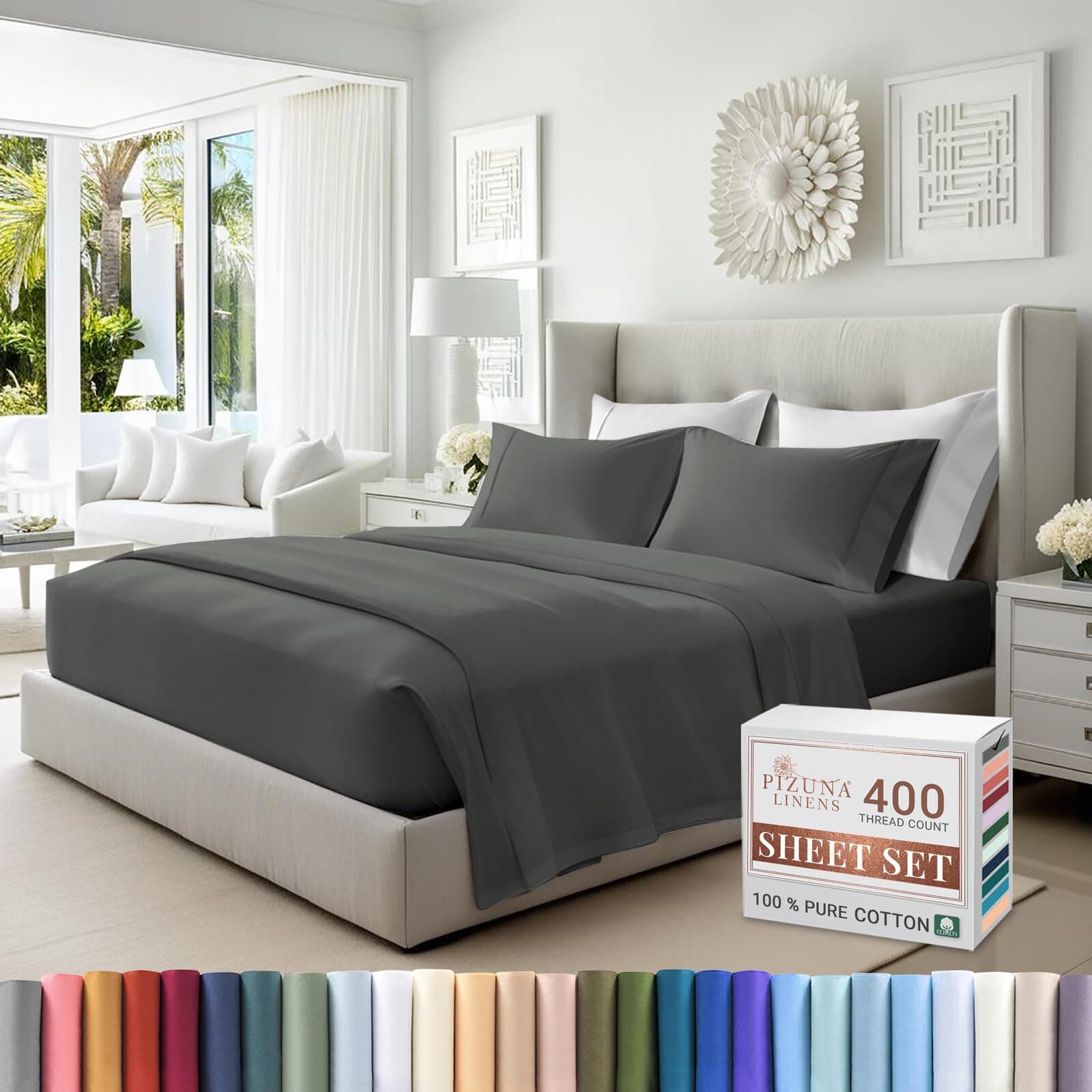 Pizuna Pure 100% Cotton King Size Bed Sheets Set Dark Grey, 400 Thread Count Cozy Luxury Long Staple Cotton Sateen Weave Bedsheet Set (1 Flat Sheet, 1 Fitted Sheet, 2 Pillowcases)