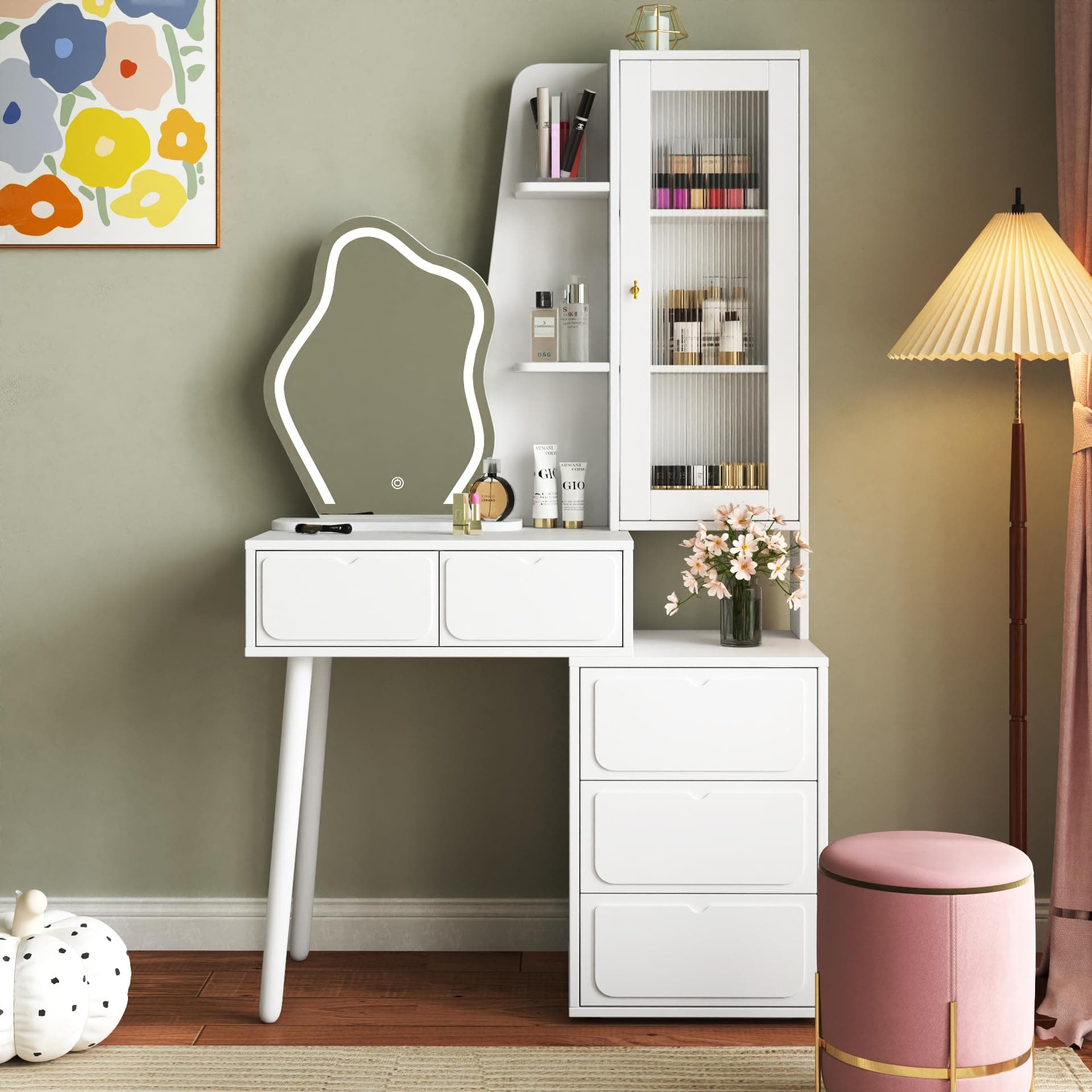 Wakefit 35'' Vanity Desk with Mirror and Lights, White Makeup Table with Irregular Mirror, Large Dressing Desk with Drawers and Cabinet, LED Light with 3 Color Modes and Adjustable Brightness