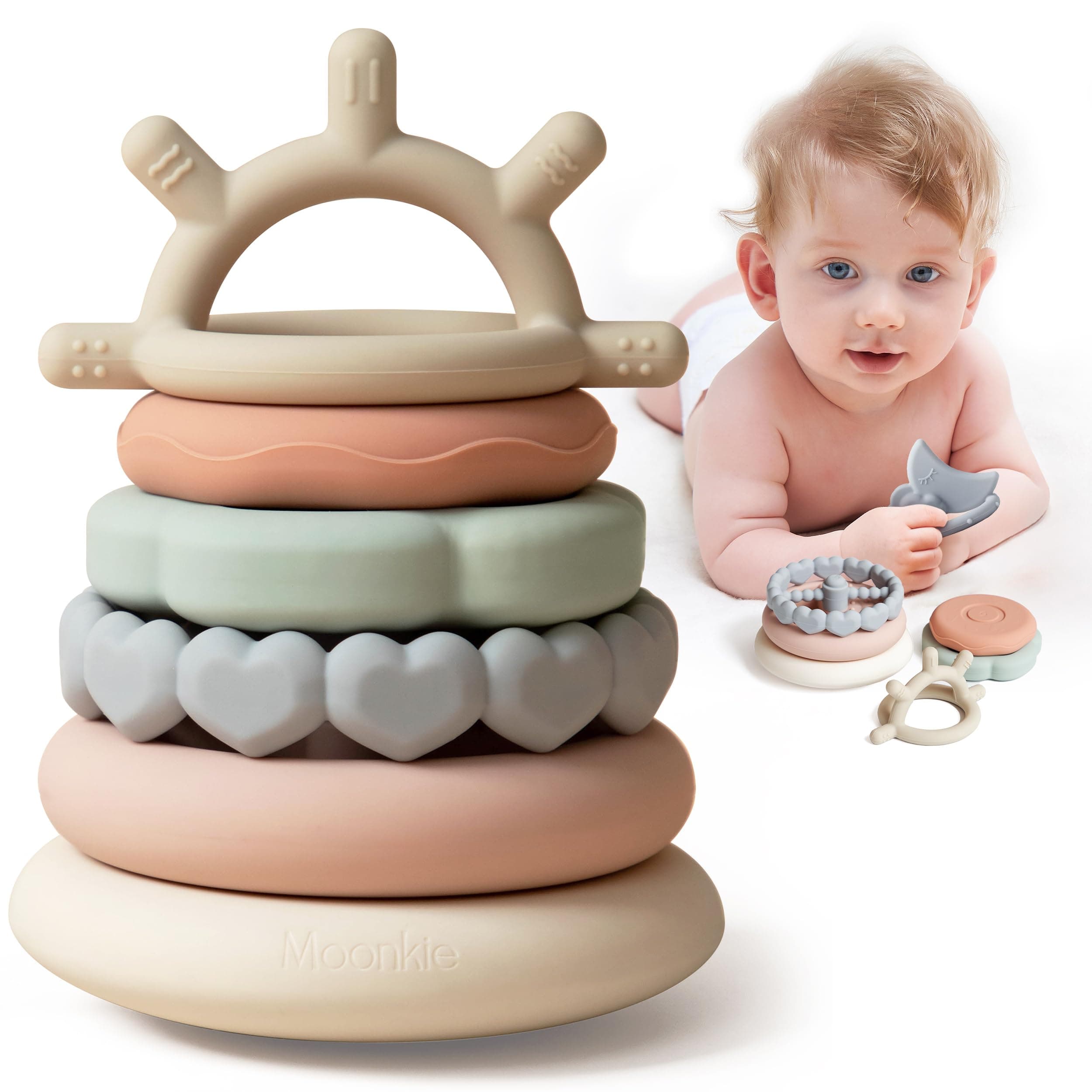 – Moonkie Stacks of Circles Soft Teething Toy Educational Learning Stacking Ring Toys for Babies, 7 Piece Set