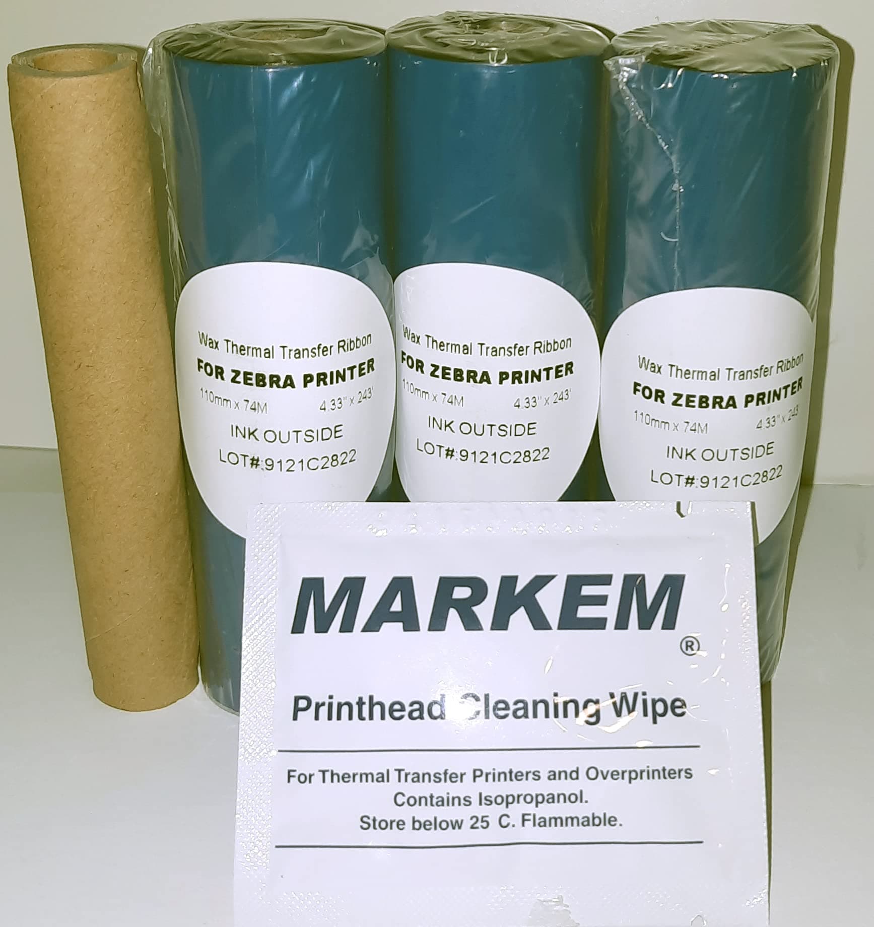 Thermal Transfer Ribbon 3 roll Pack Starting Kit | 4.33" on 1/2 core w/P.H. Cleaner & Empty Spool for Zebra Desktop TLP2844 TLP2442 GC420t GK420t GX420t, More