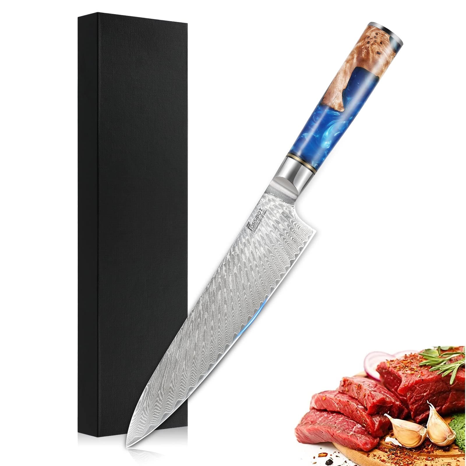 FOSSIBOT 8" Chef's Knife Professional Sharp Kitchen Knife 67-Layer Damascus High Carbon VG10 Steel Blue Resin Handle Gift Boxed