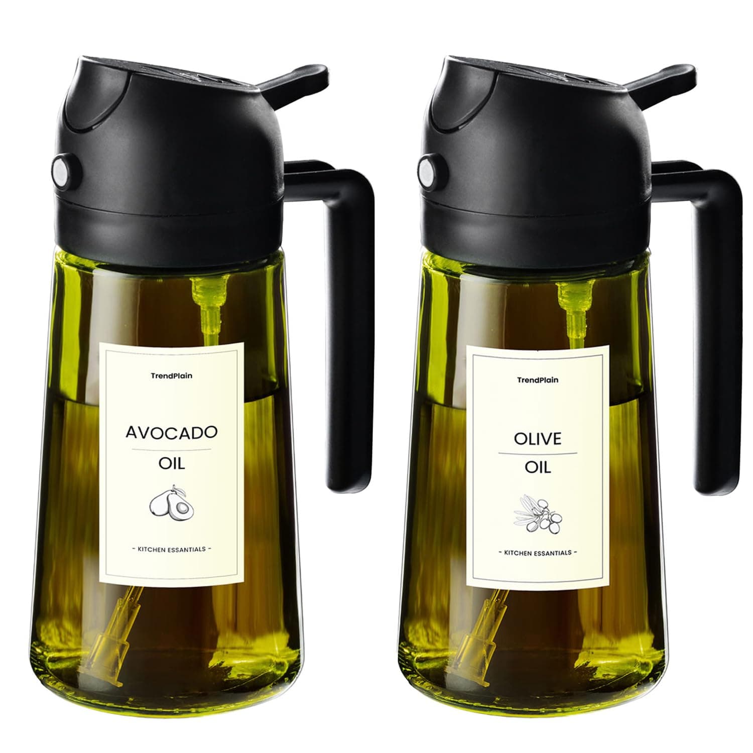 TrendPlain 470ml Olive Oil Spray Bottle - 2 in 1 Olive Oil Dispenser Bottle for Kitchen Accessories - Kitchen Gadgets, For Air Fryer - with Stickers, Light Blocking - 2 Black