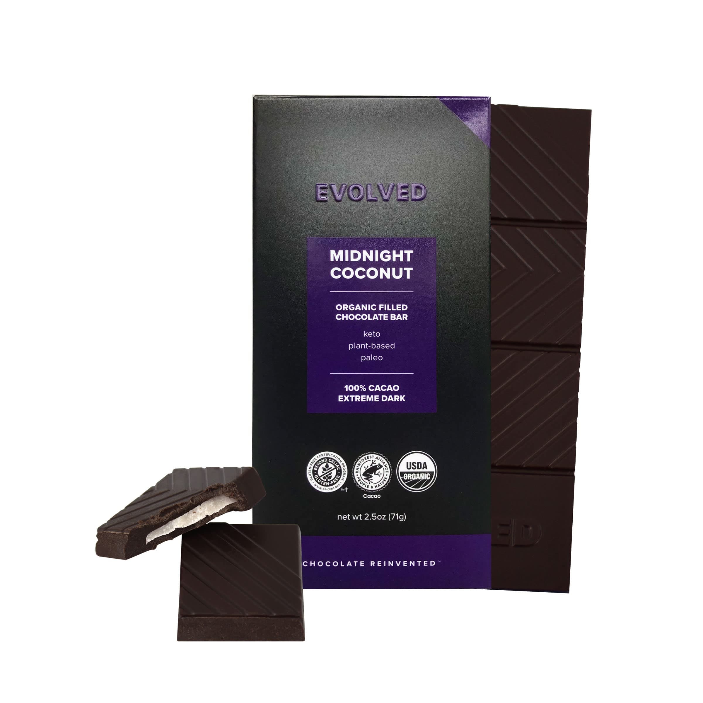 EVOLVED Chocolate Midnight Coconut Organic Filled 100% Cacao Dark Chocolate Bars, 2.5-oz. (Count of 8)