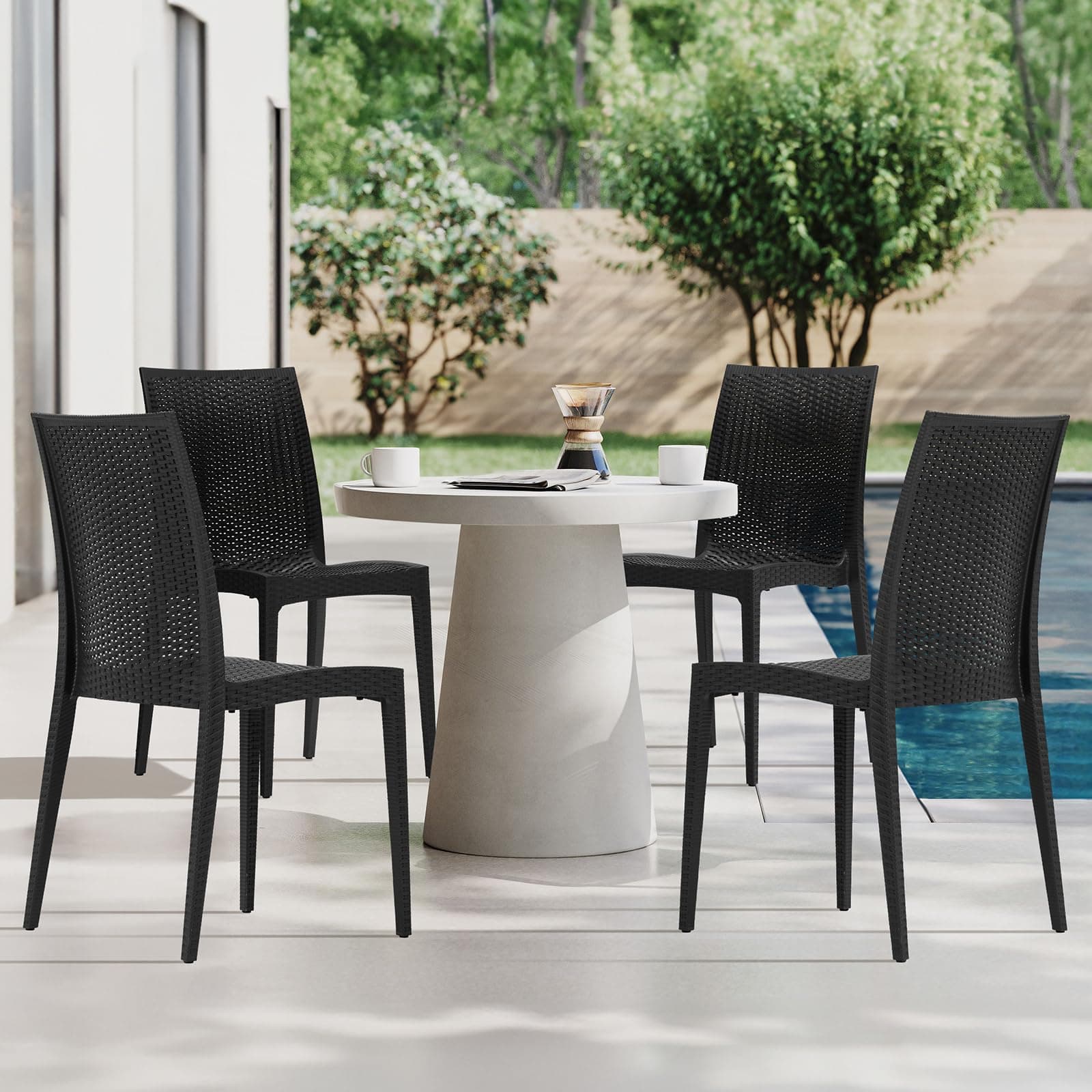 Outdoor Patio Chair Set of 4, Plastic Dinning Chairs, Stackable Wicker Style Plastic Chairs with Wide Seat and High Back for Dinning Room, Indoor, Outdoor, Restaurant, Bistro, Cafe, Black