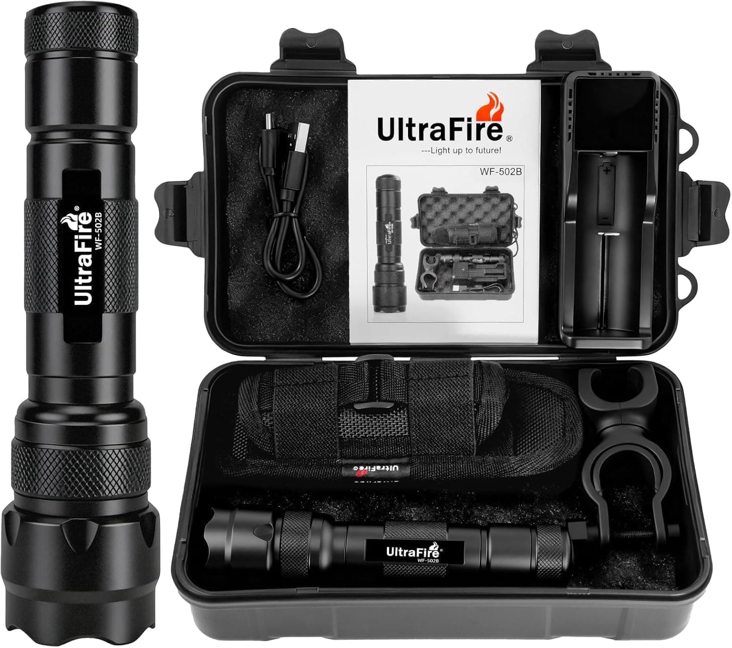 ULTRAFIRE WF-502B LED Tactical Flashlight, 5 Modes 1000 High Lumens Flashlight Torch with Duty Belt Flashlight Holster, Bicycle Mount, USB Charger