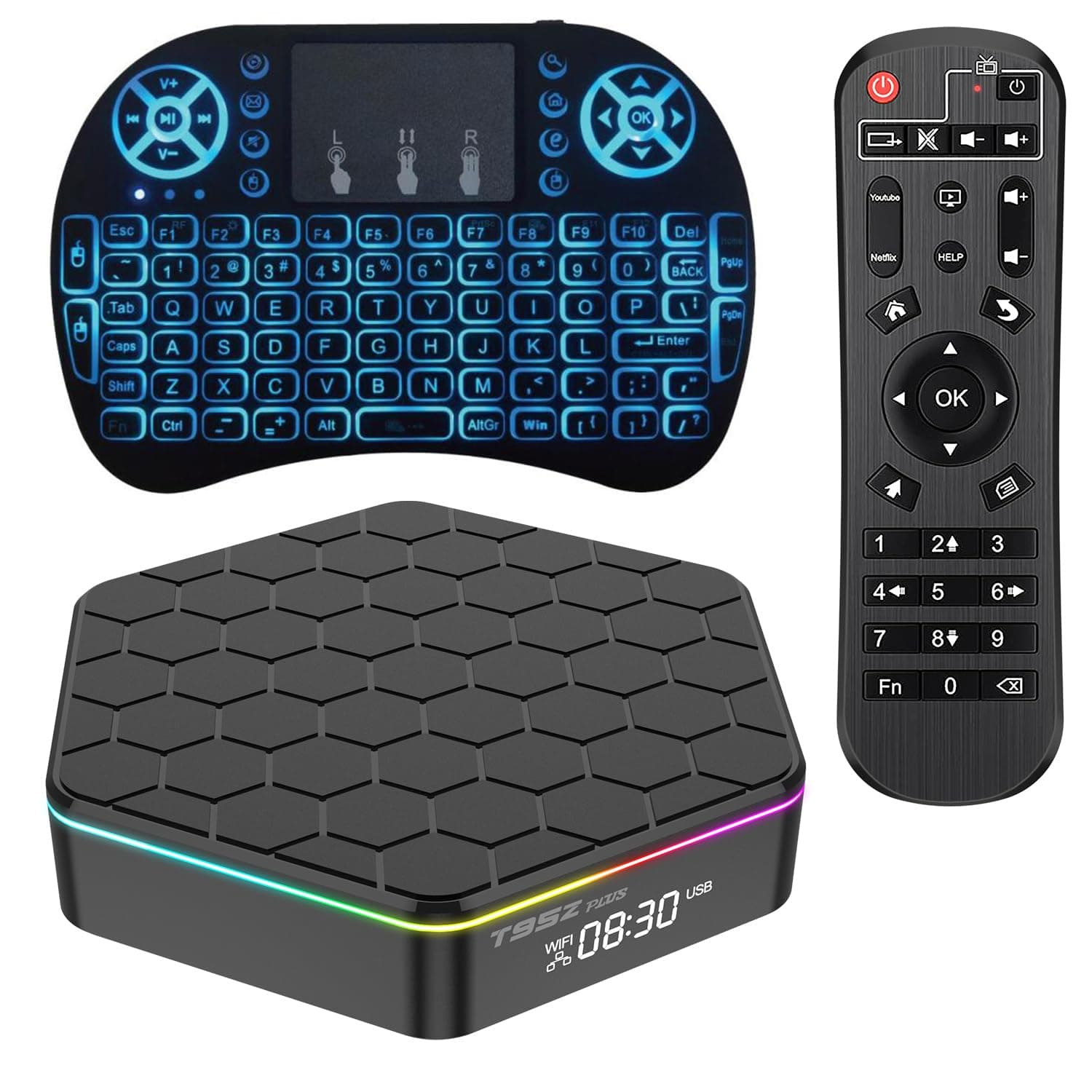 Android TV Box 12.0,T95ZPLUS H618 2GB RAM 16GB ROM with Backlit Mini Wireless Keyboard Quad-Core Cortex-A53 CPU,2.4GHz/5GHz Dual Band WiFi6 6K Ultra HD Resolution Bluetooth 5.0