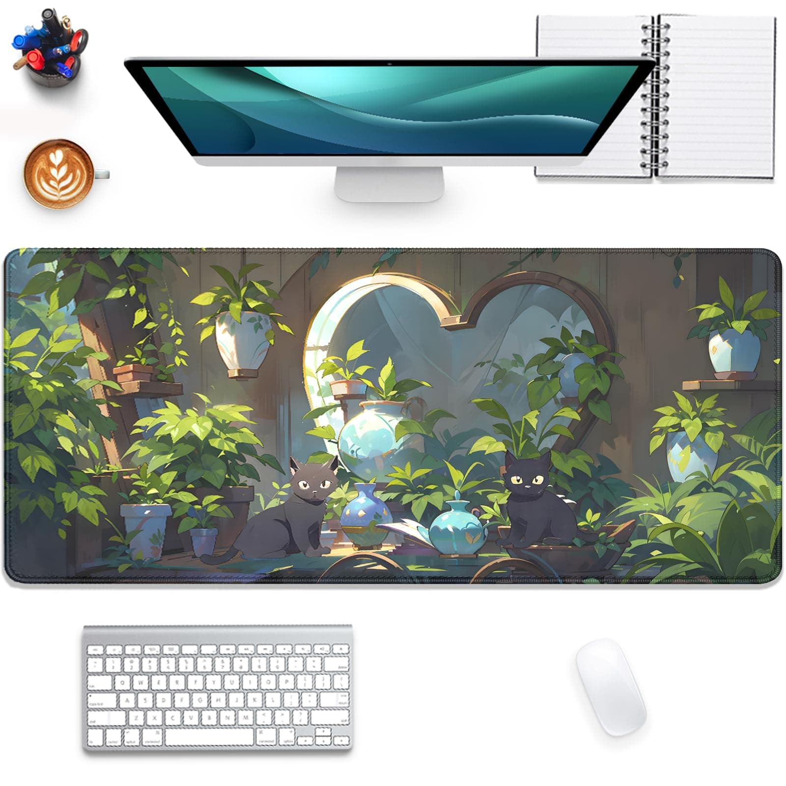 Lofi Cat Mouse Pad Green Plant Desk Pad,Black Cat Extended Gaming Mouse Mat with Stitched Edges Non-Slip Waterproof Rubber Base Mous Mat for Office,Computer,Keyboard,Laptop,Home Desk Pad(27.5X11.8 in)