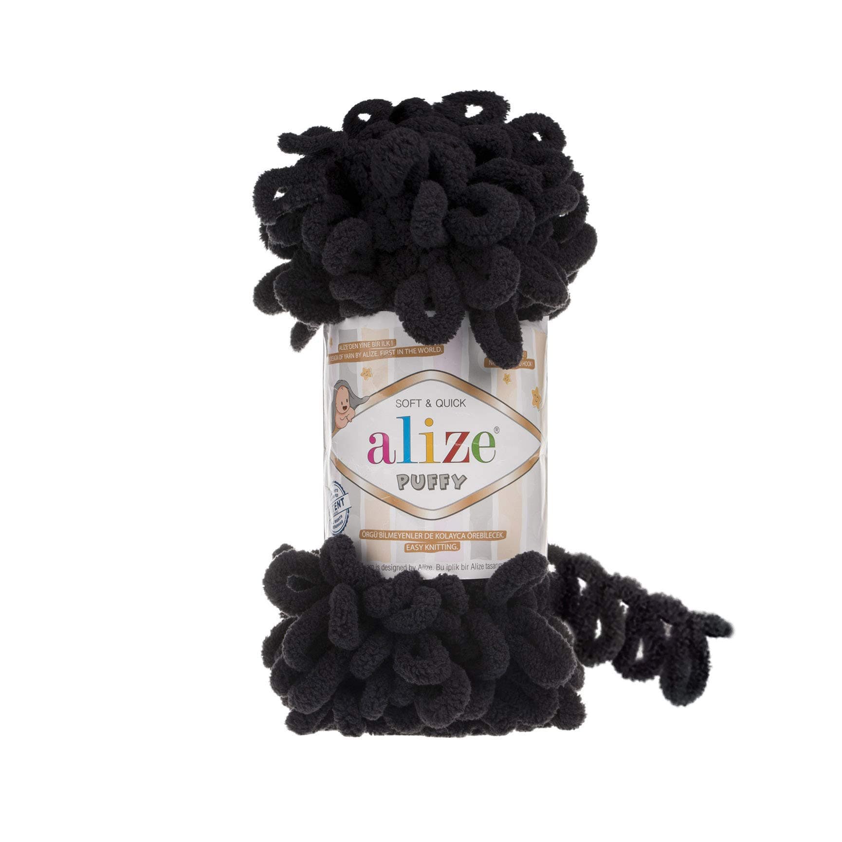 Alize Puffy Knitting Yarn 100 g, Patented Innovation, Loop Knitting without Needles, Colour: 60 Black