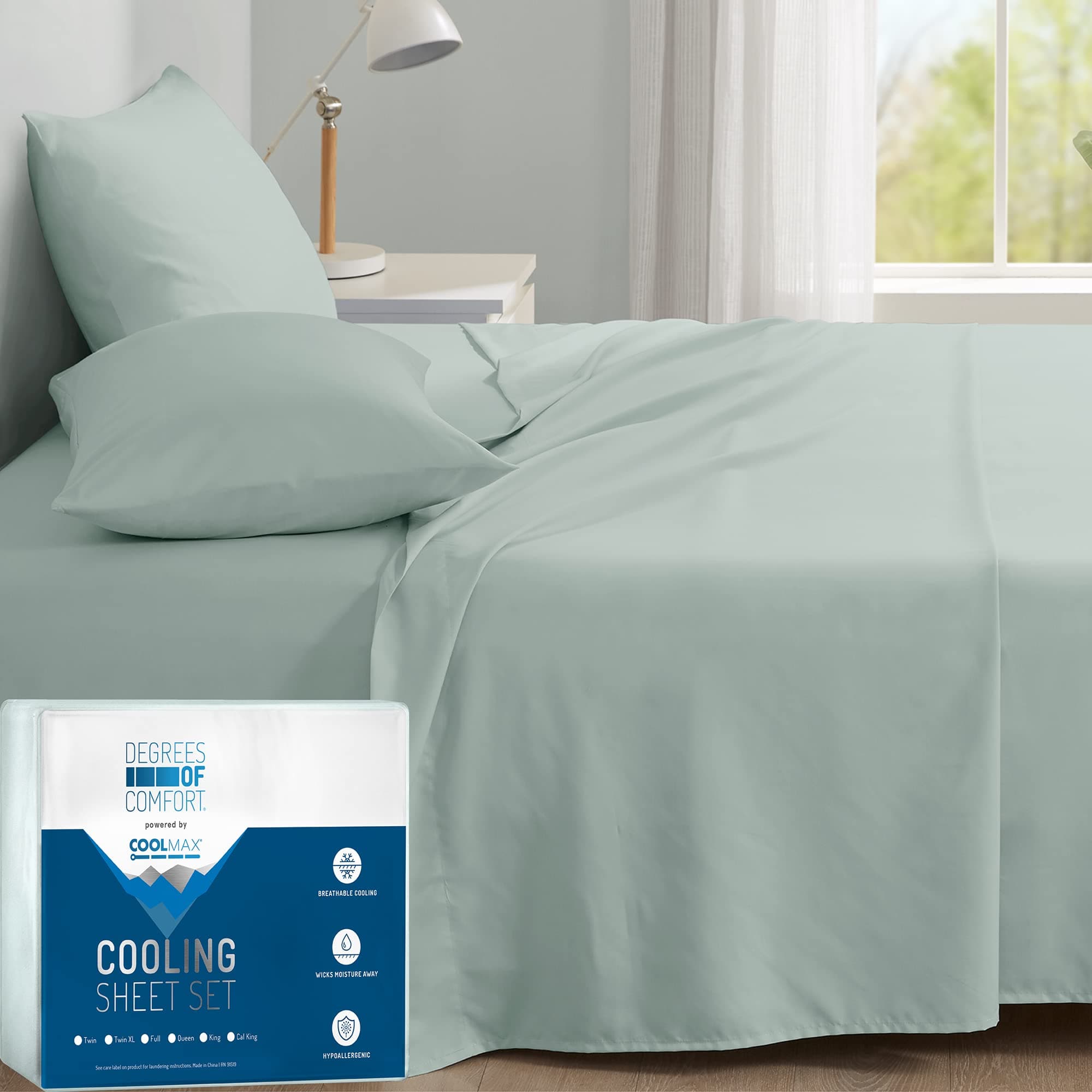 Degrees of Comfort Coolmax® Cooling Bed Sheets Full Size for Hot Sleepers, Moisture Wicking Sheet Set for Night Sweats, Deep Pocket, Ultra Soft, Cozy for All Seasons, Aqua 4 Pieces