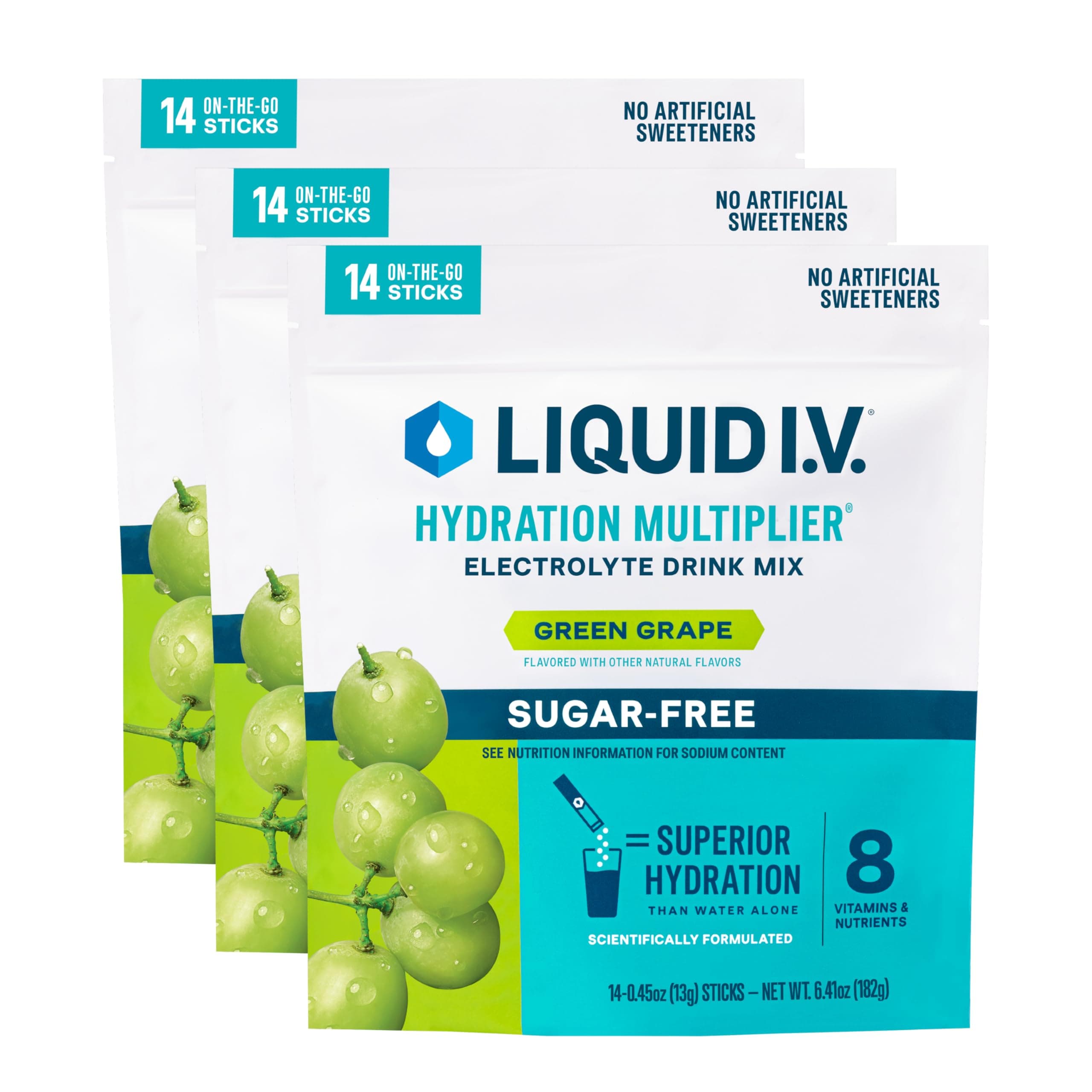 Liquid I.V.® Hydration Multiplier Sugar-Free - Green Grape | Electrolyte Powder Drink Mix | 3 Pack (42 Servings)