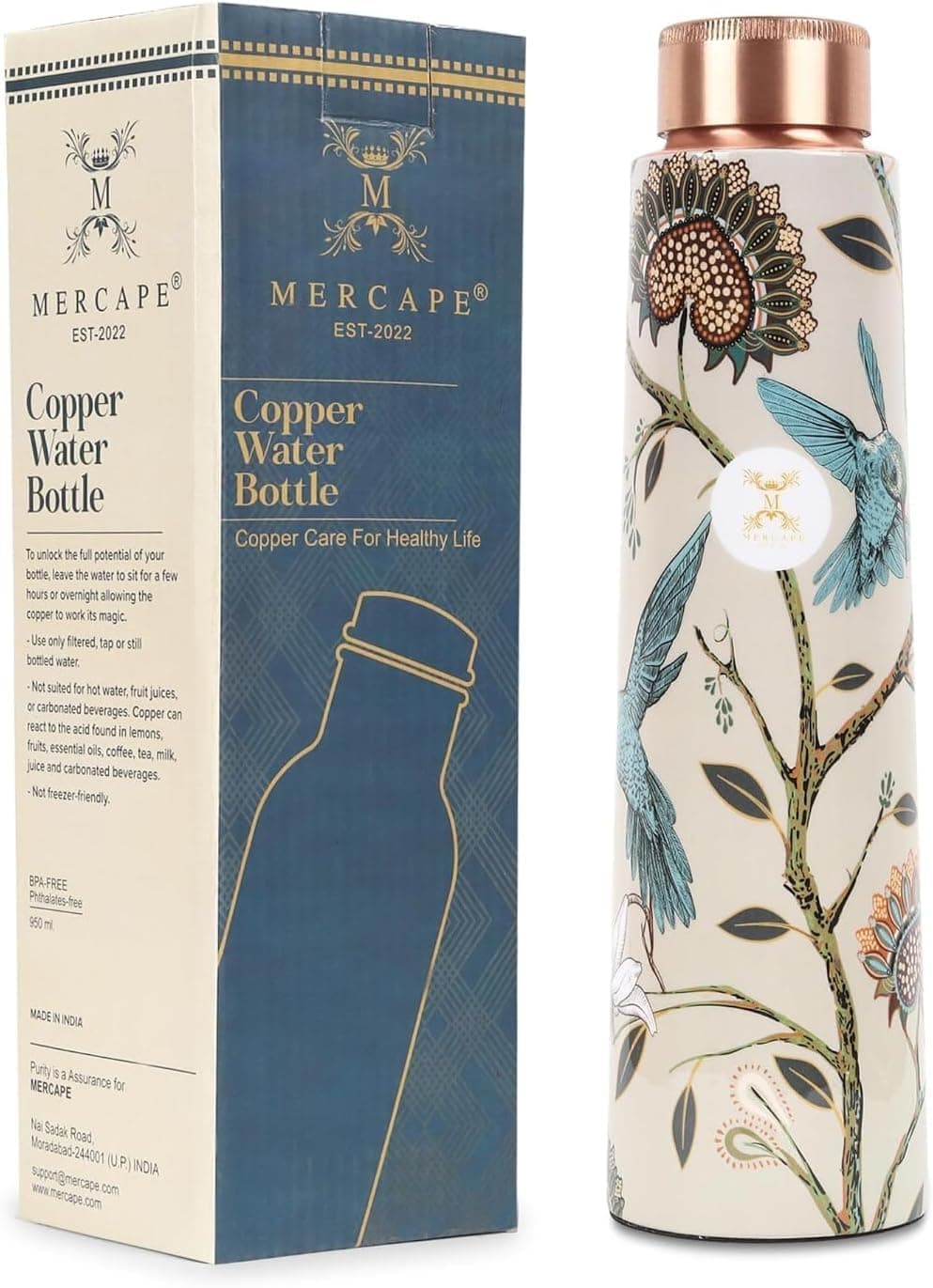 JP MERCA.PE. Copper Bottle A Handmade Ayurvedic Enameled Print Pure Copper Water Bottle For Drinking - Increase Your Water Consumption, and Experience Immediate Health Benefits 900ml