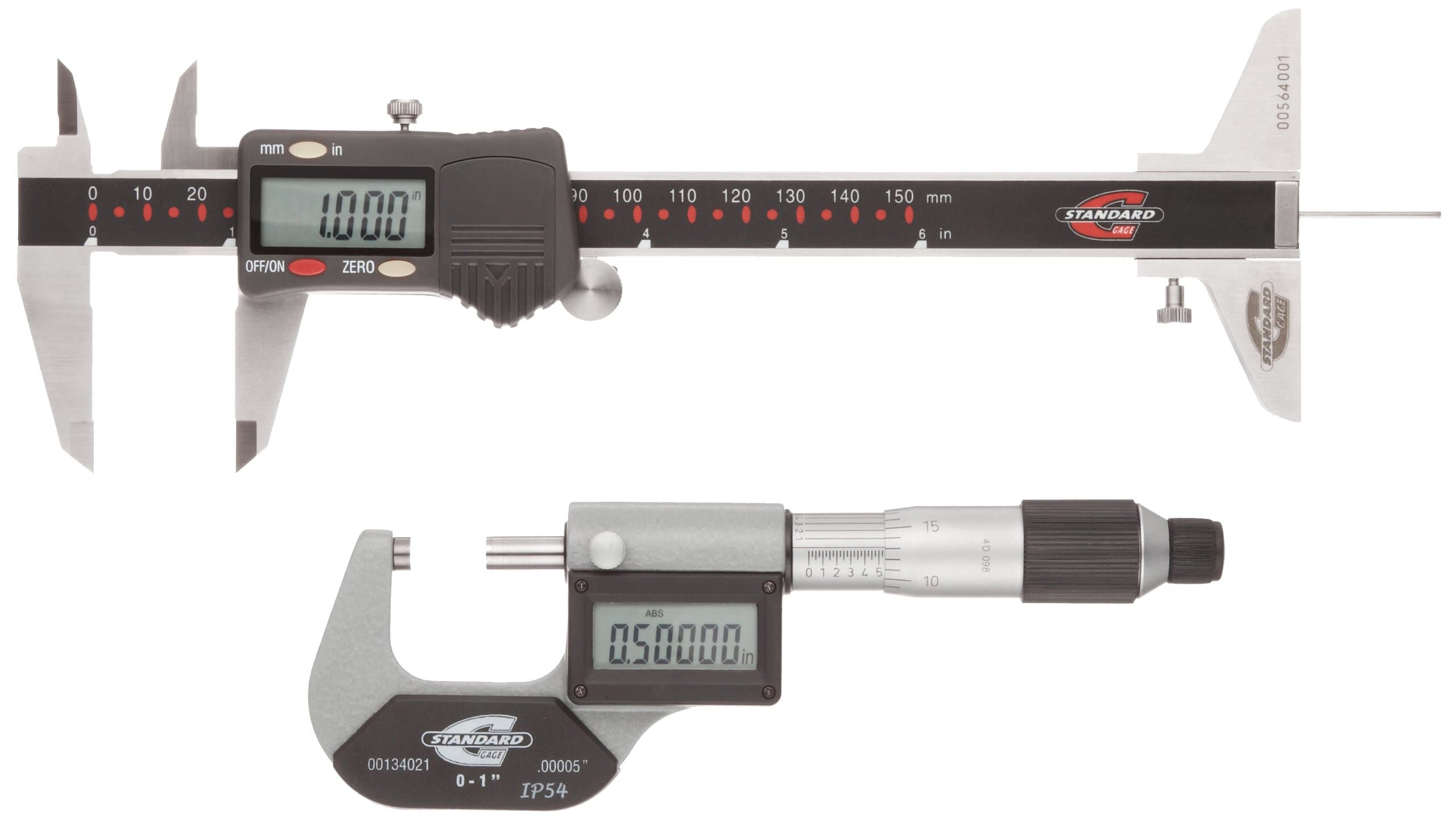 Standard Gage 00524105 Electronic Tools Set, 0 to 1" Outside Micrometer, 0 to 6" Calipers with Thumbwheel, LCD, DIN 862, IP54
