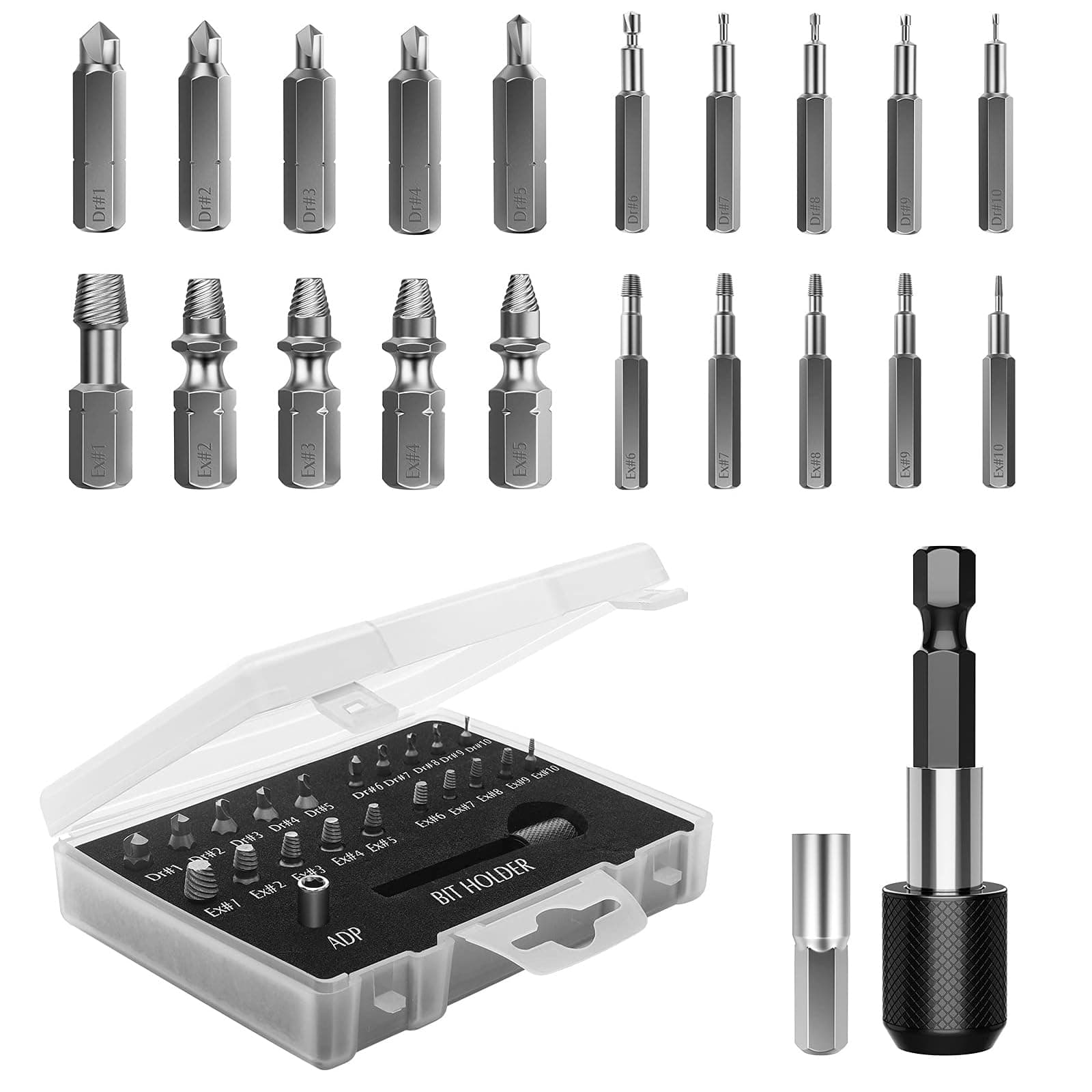 TERRIFI Damaged Screw Extractor Set, 22 PCS Easy Out Stripped Screw Extractor Kit, All-Purpose HSS Broken Screw Remover with Magnetic Extension Bit Holder & Socket Adapter