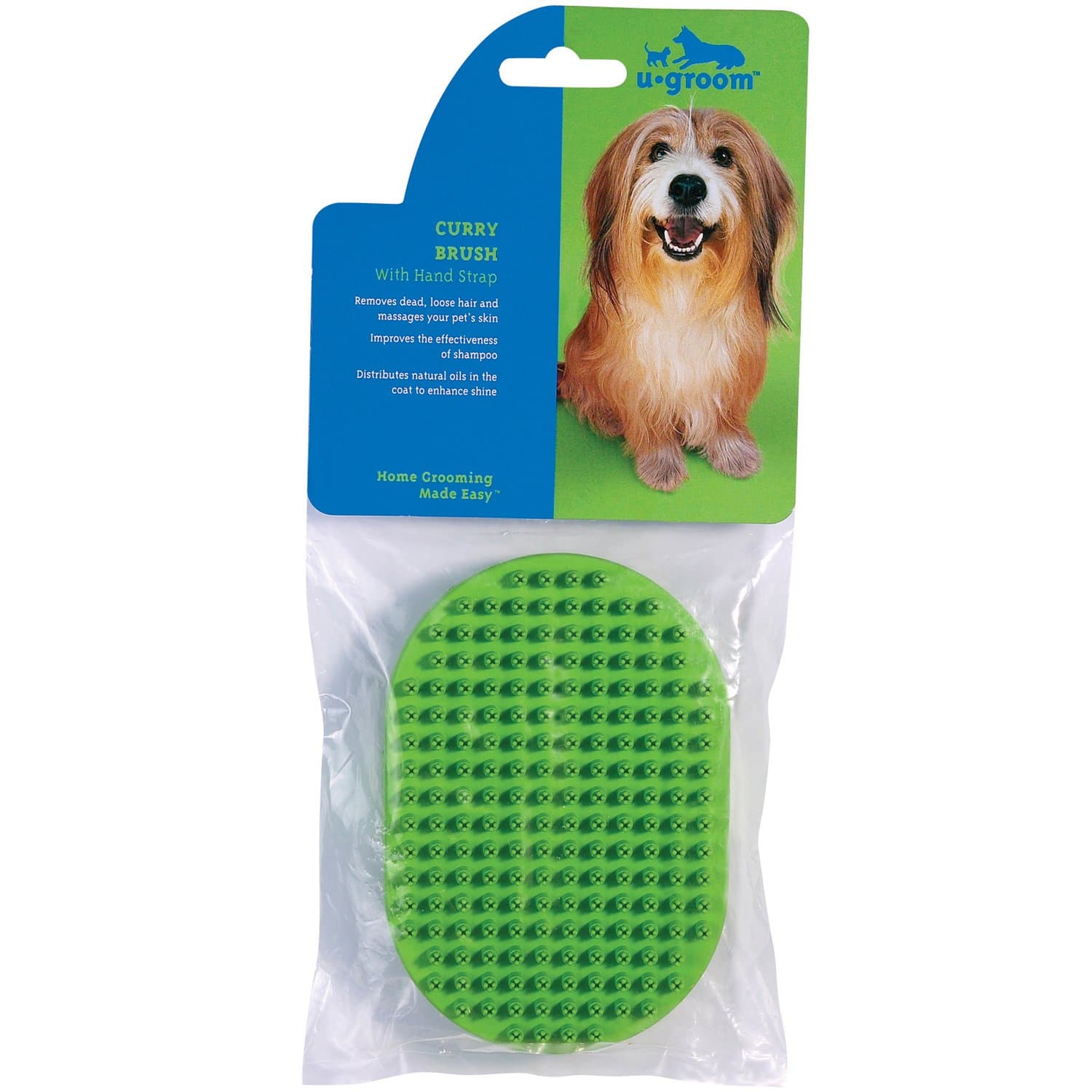 u•groom Oval Rubber Curry Brushes with Handstraps — Effective Brushes for Grooming Dogs, Green