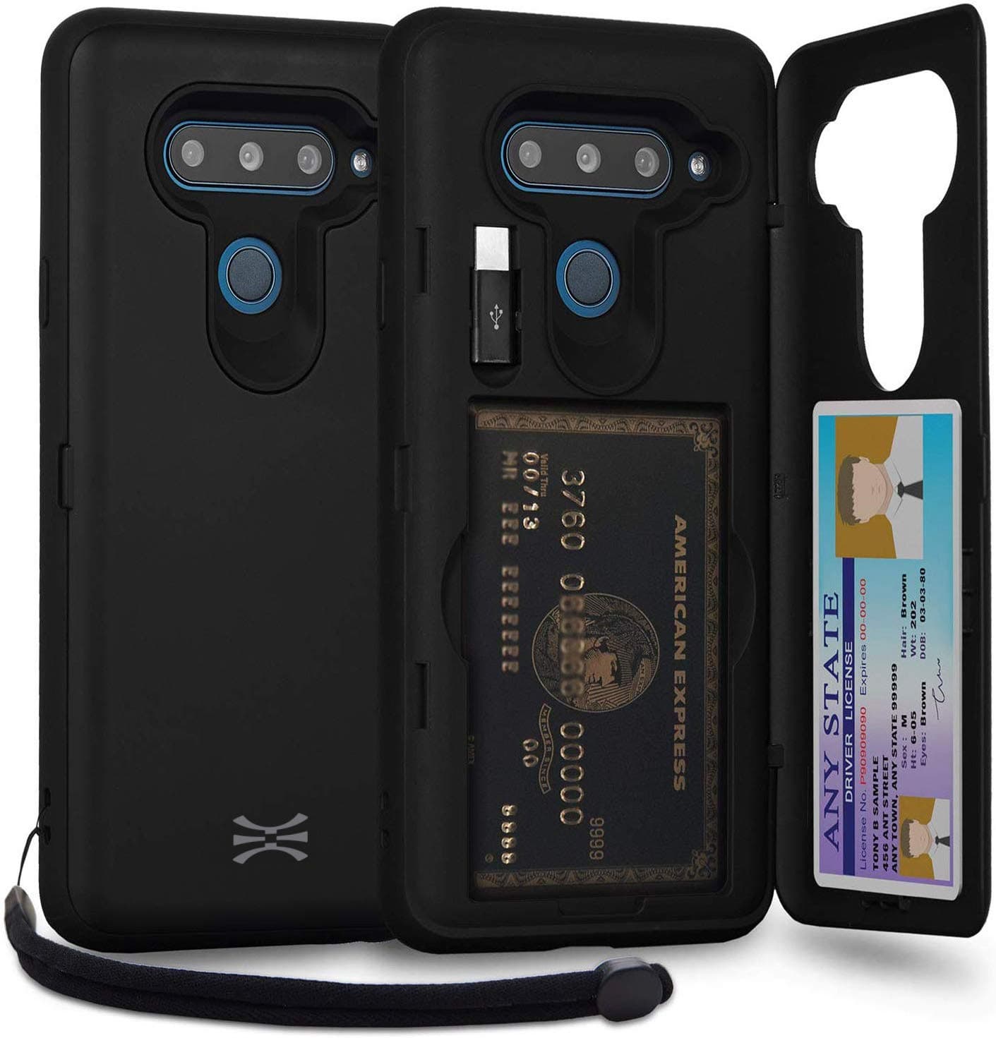 TORU CX PRO Case for LG V40 ThinQ, with Card Holder | Slim Protective Cover with Hidden Credit Cards Wallet Flip Slot Compartment Kickstand | Include Mirror, Strap, USB Adapter - Black